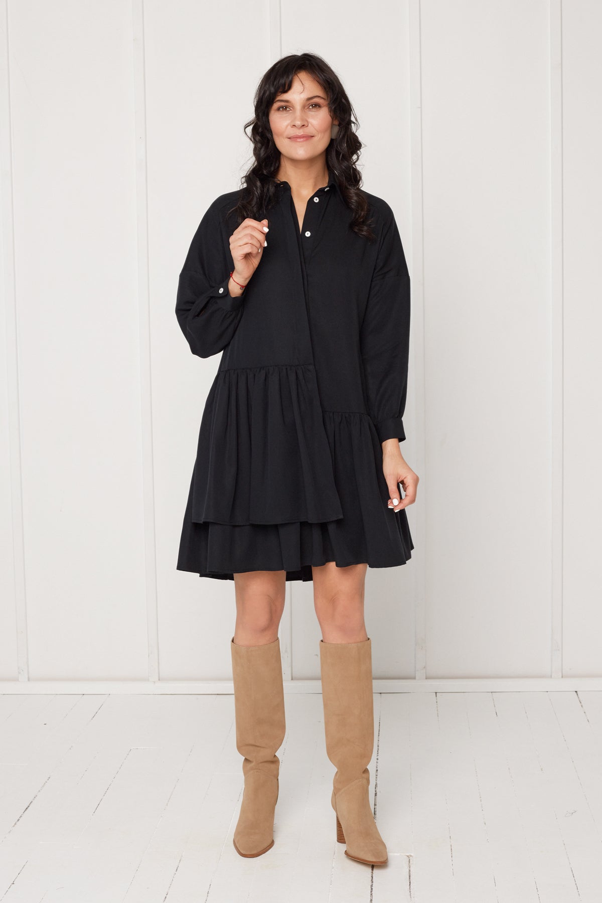 EVA tencel shirt dress with double front frill in black