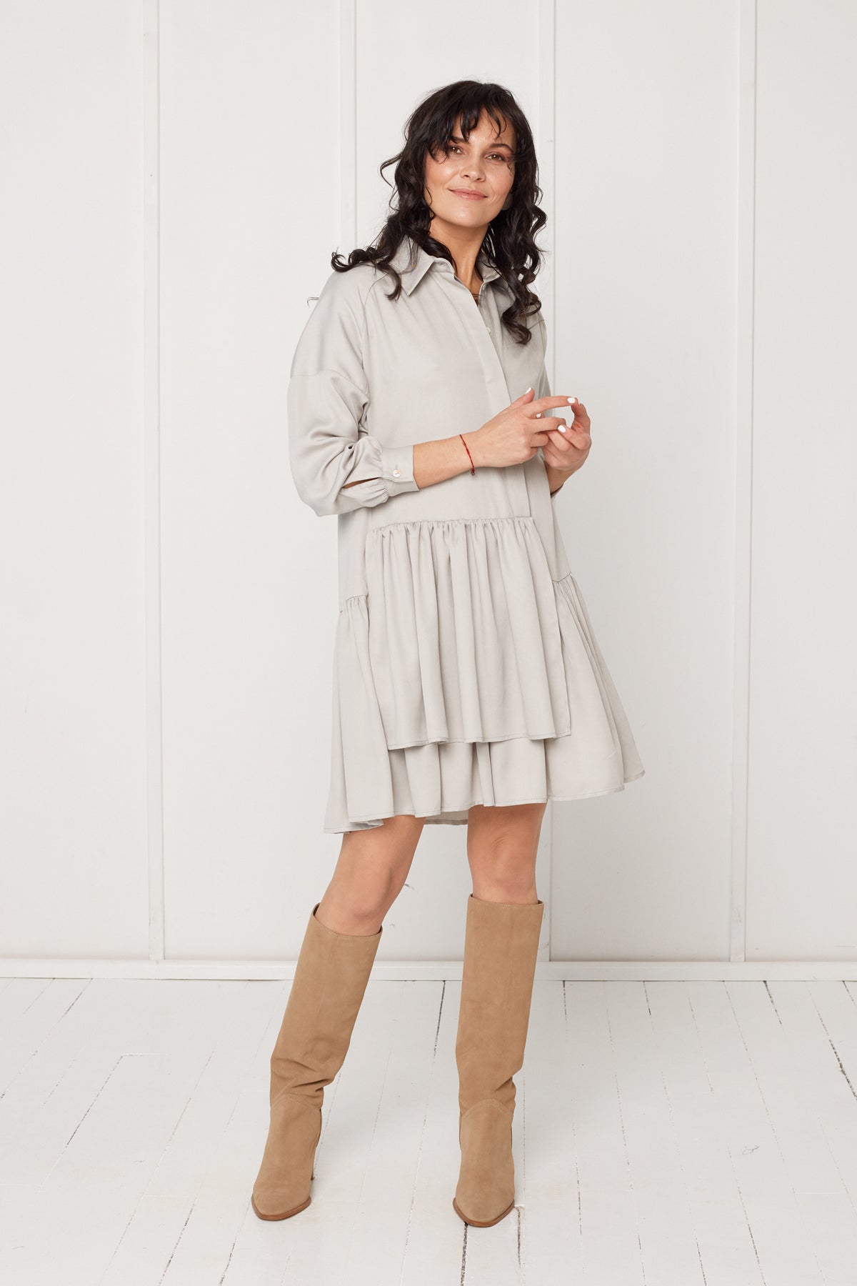 EVA tencel shirt dress with double front frill in light grey