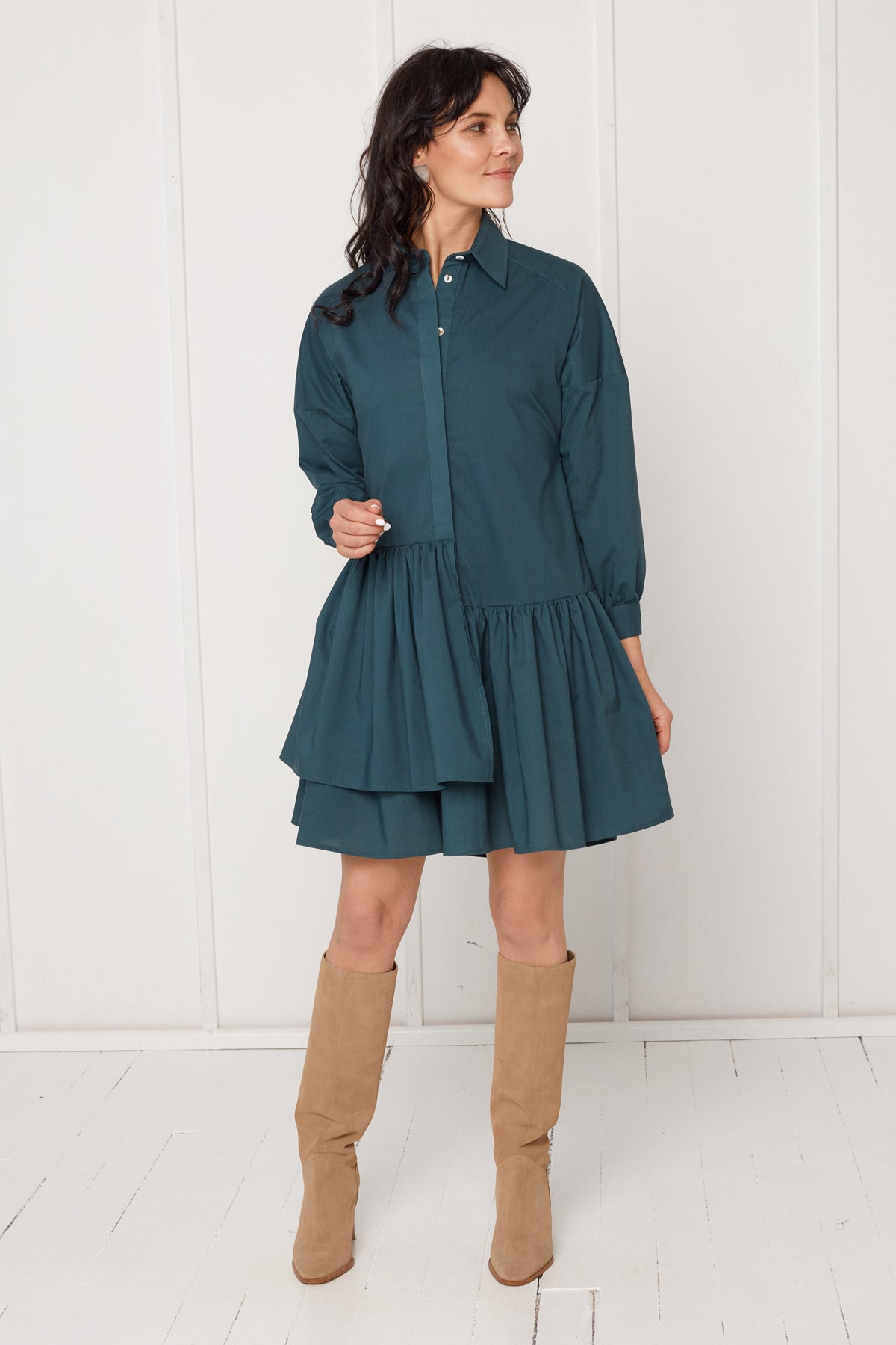 EVA tencel shirt dress with double front frill in teal blue