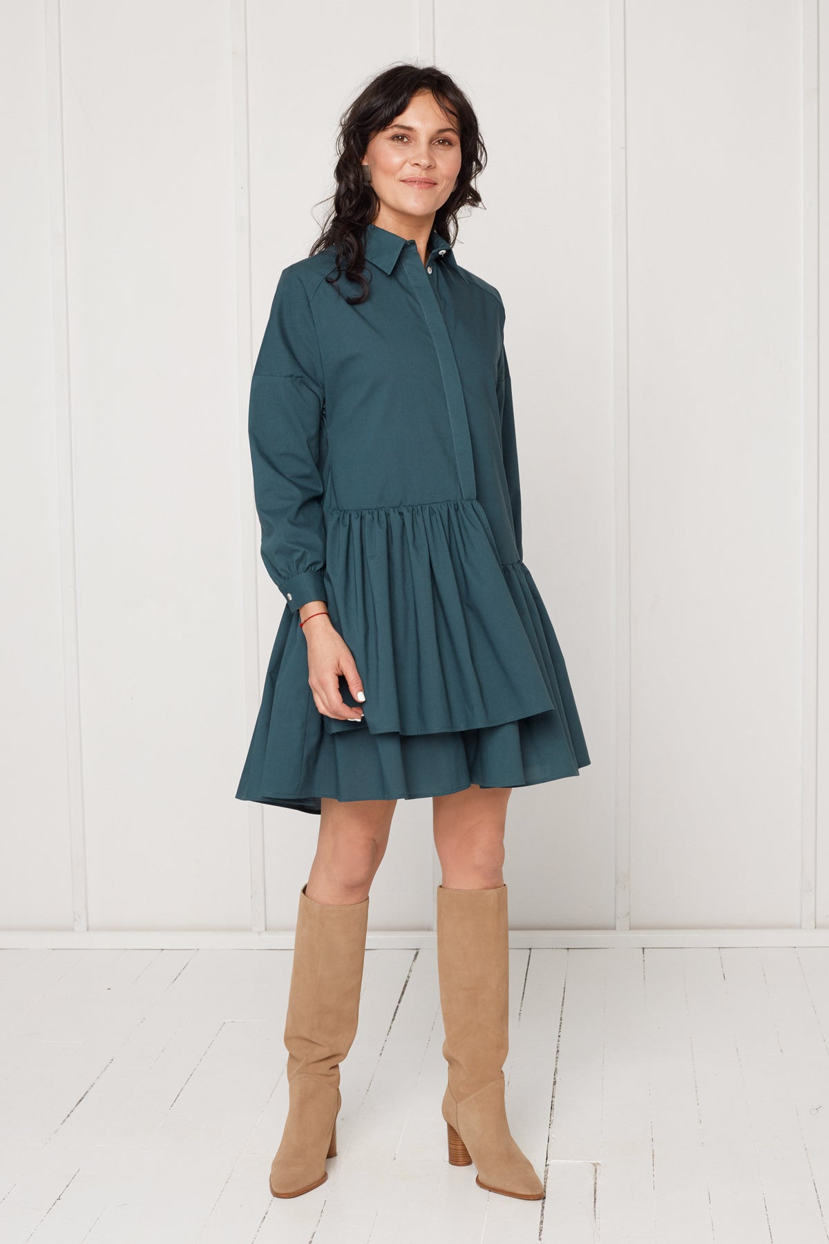 EVA tencel shirt dress with double front frill in teal blue