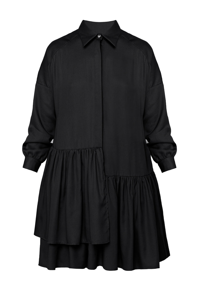 Juoda EVA tencel marškinių suknelė su dvigubais priekiniais raukiniais