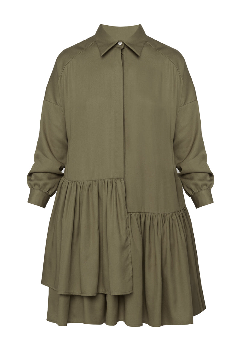 EVA tamsiai žalia marškinių stiliaus suknelė su dvigubais priekiniais raukiniais