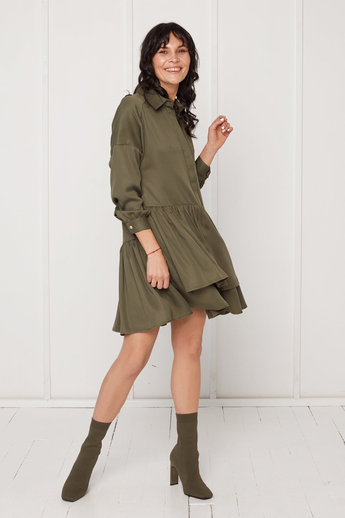 EVA tencel shirt dress with double front frill in military green