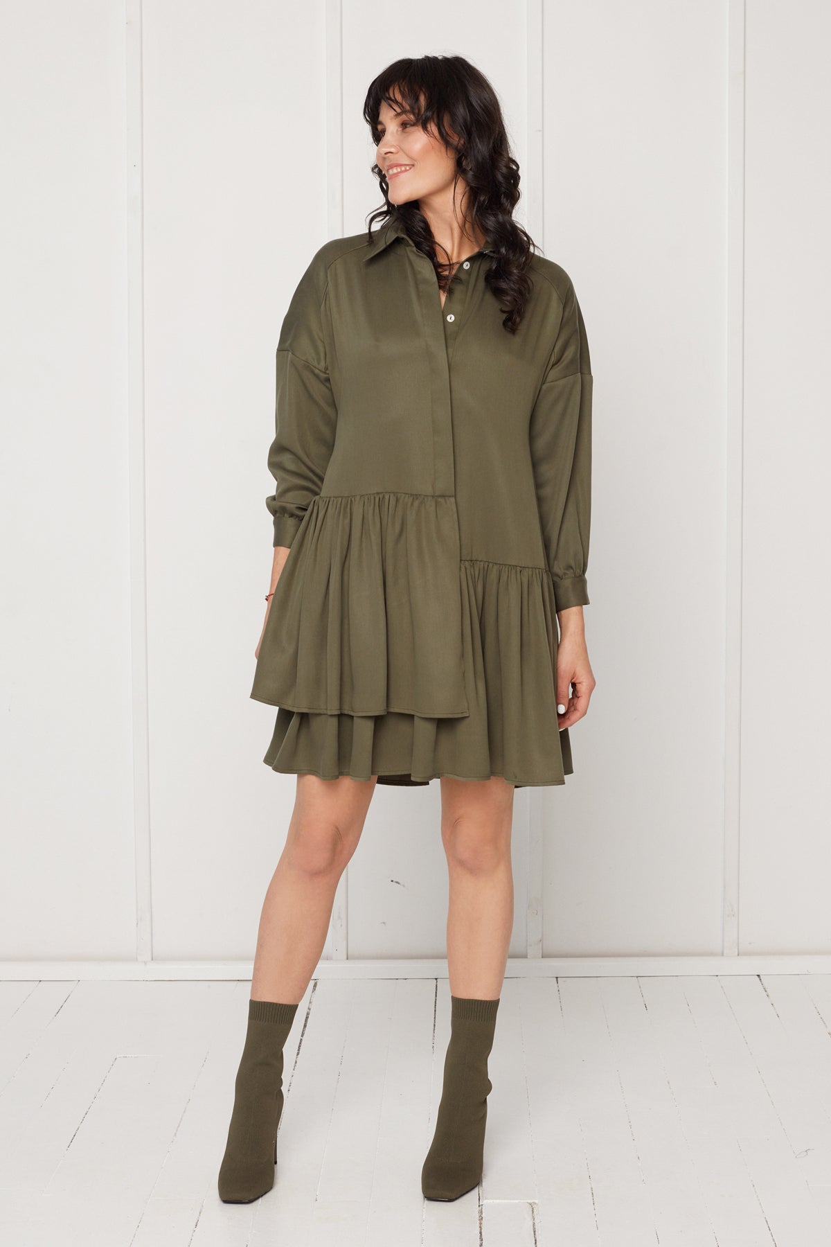 EVA tencel shirt dress with double front frill in military green