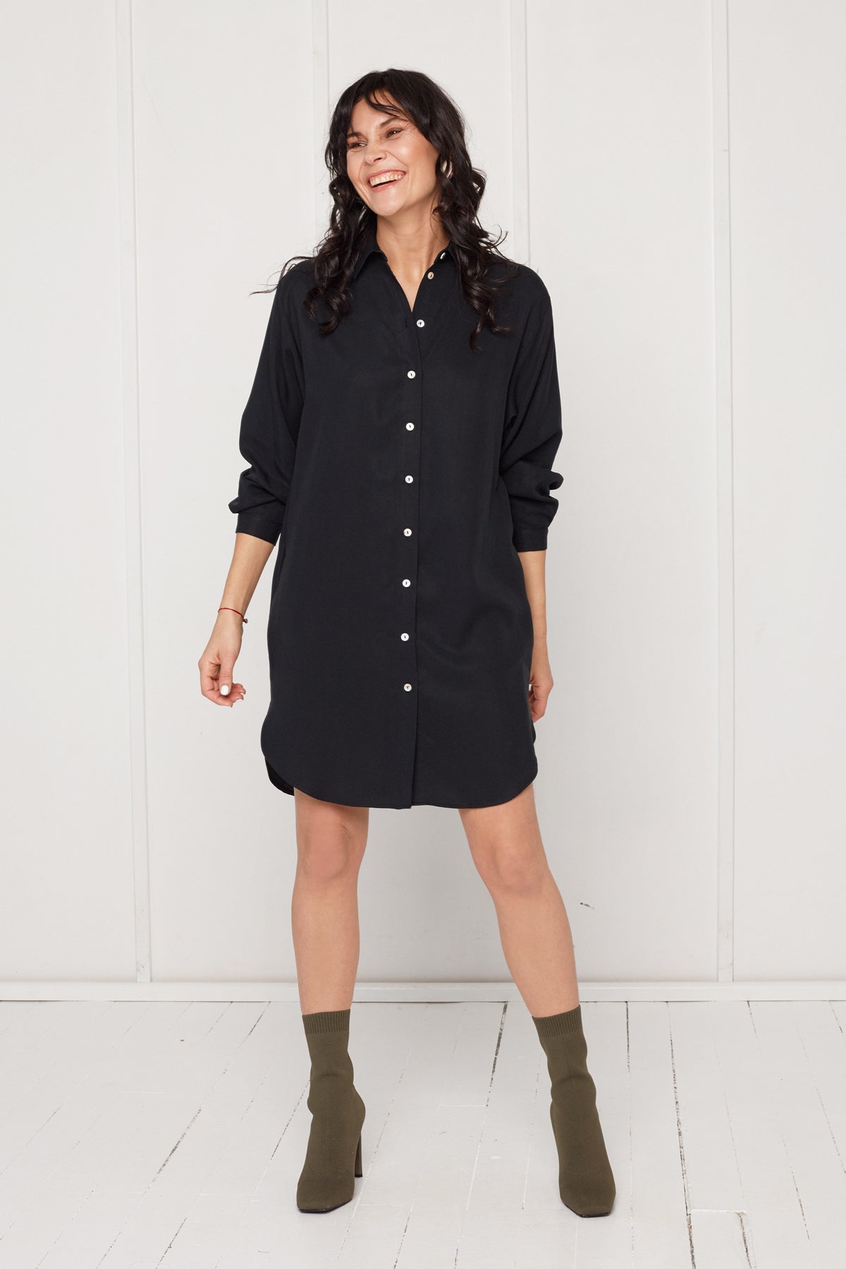 MIRA mini tencel shirt dress in black