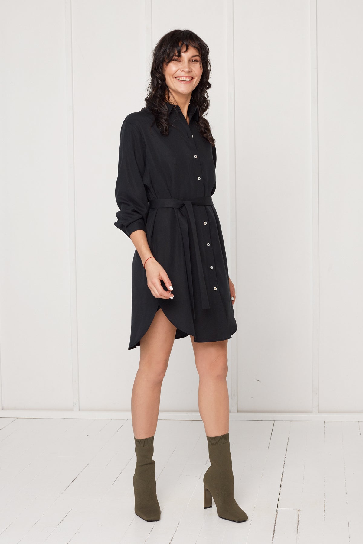 MIRA mini tencel shirt dress in black