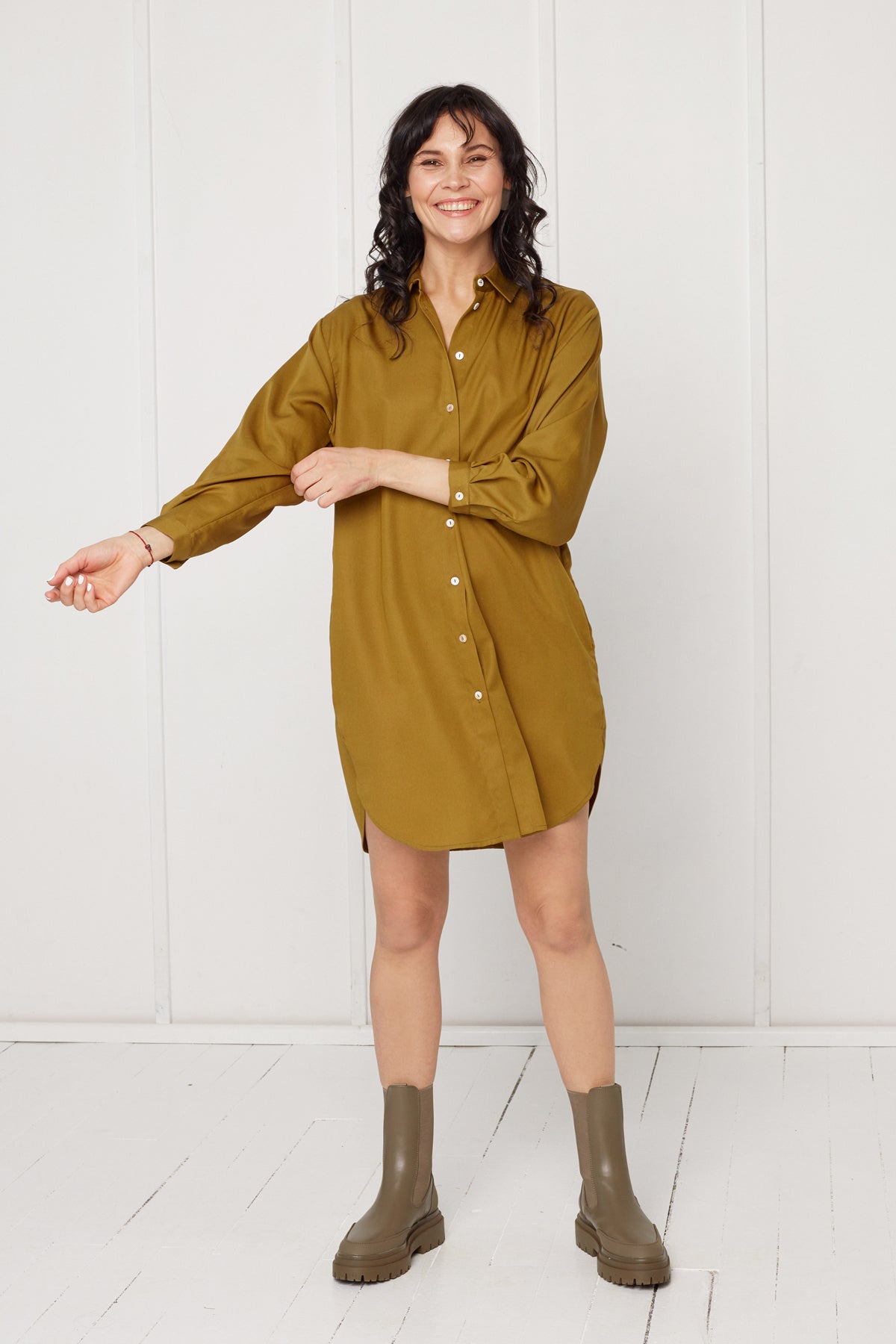 MIRA mini tencel shirt dress in olive green