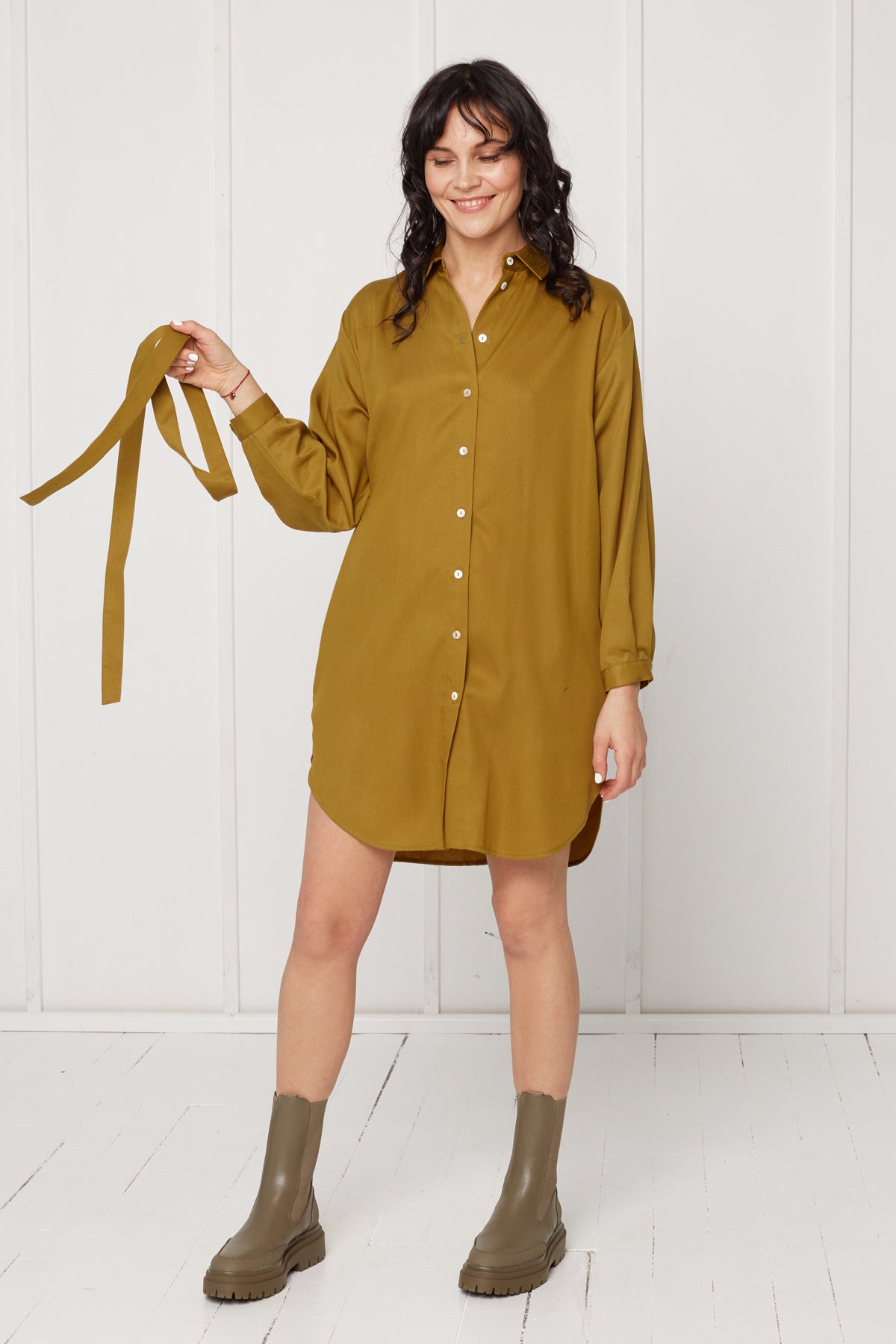 MIRA mini tencel shirt dress in olive green