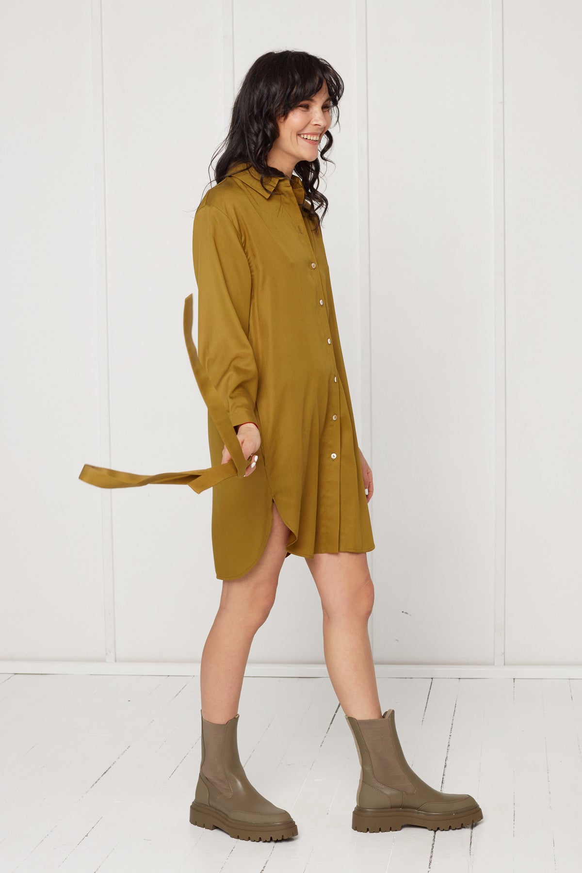 MIRA mini tencel shirt dress in olive green