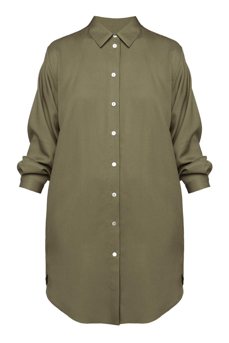 MIRA mini tencel shirt dress in military green