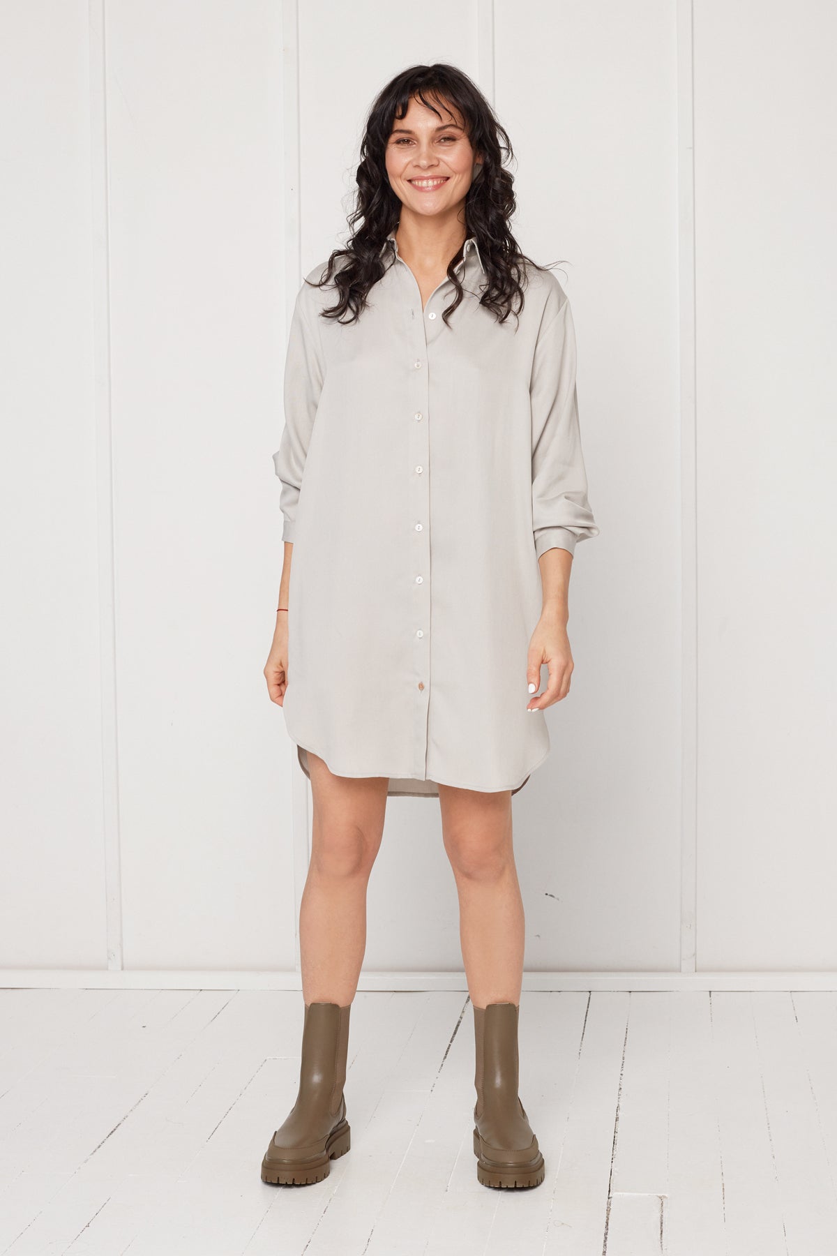 MIRA mini tencel shirt dress in light grey