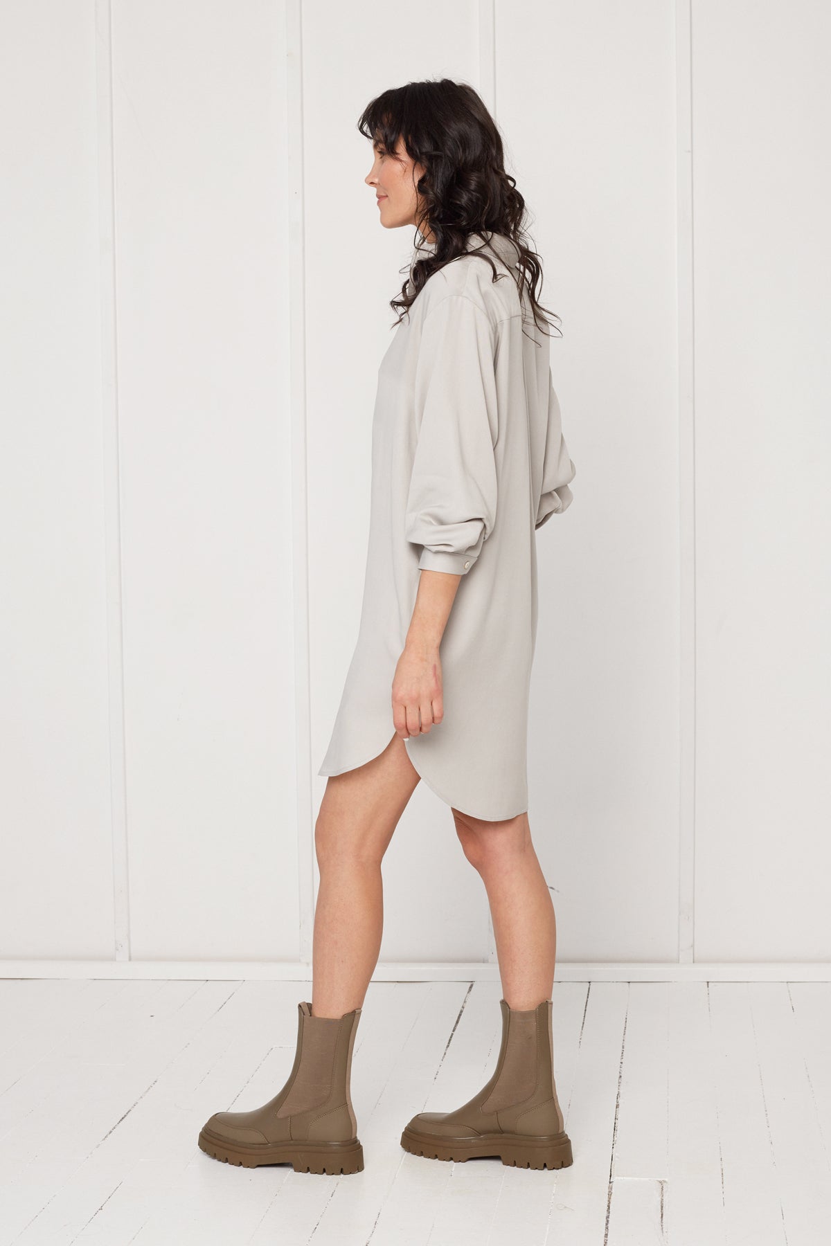 MIRA mini tencel shirt dress in light grey