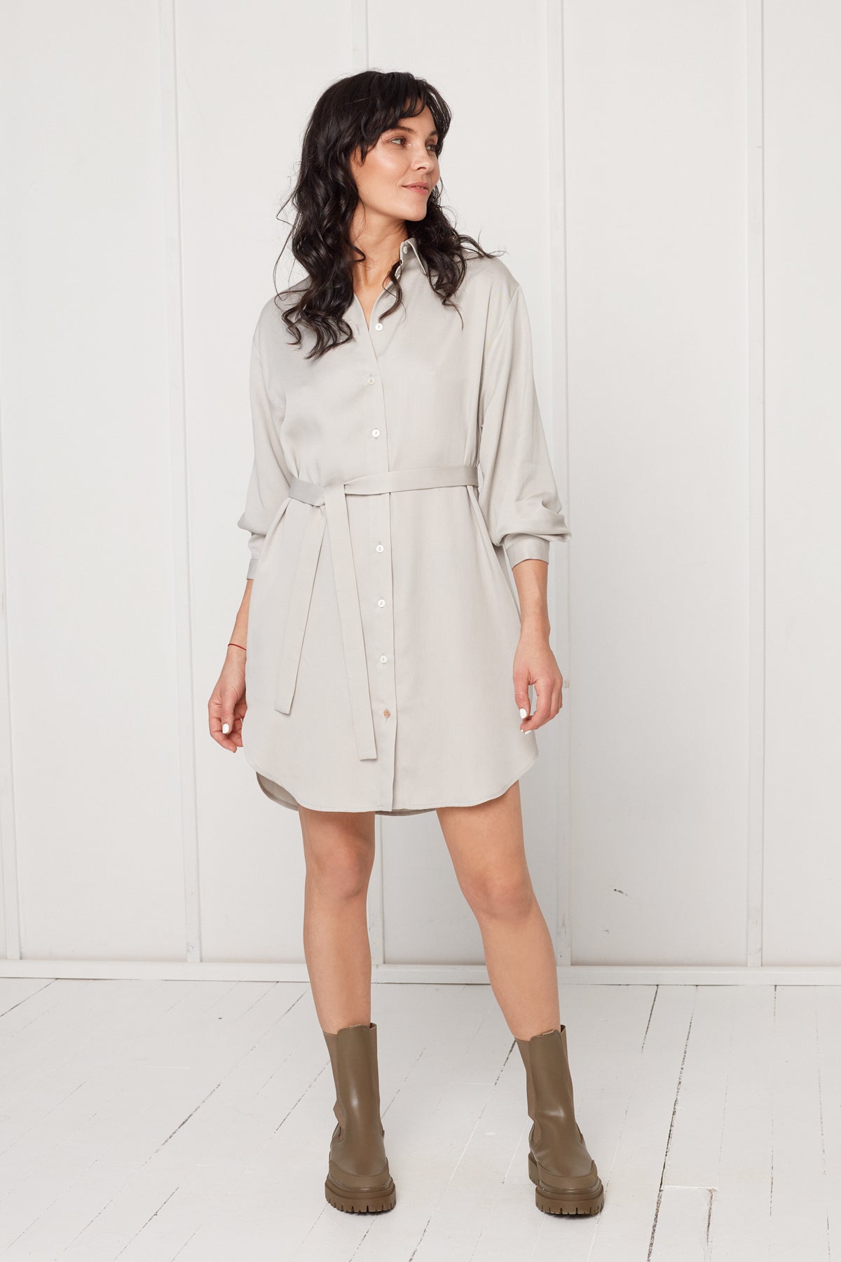 MIRA mini tencel shirt dress in light grey