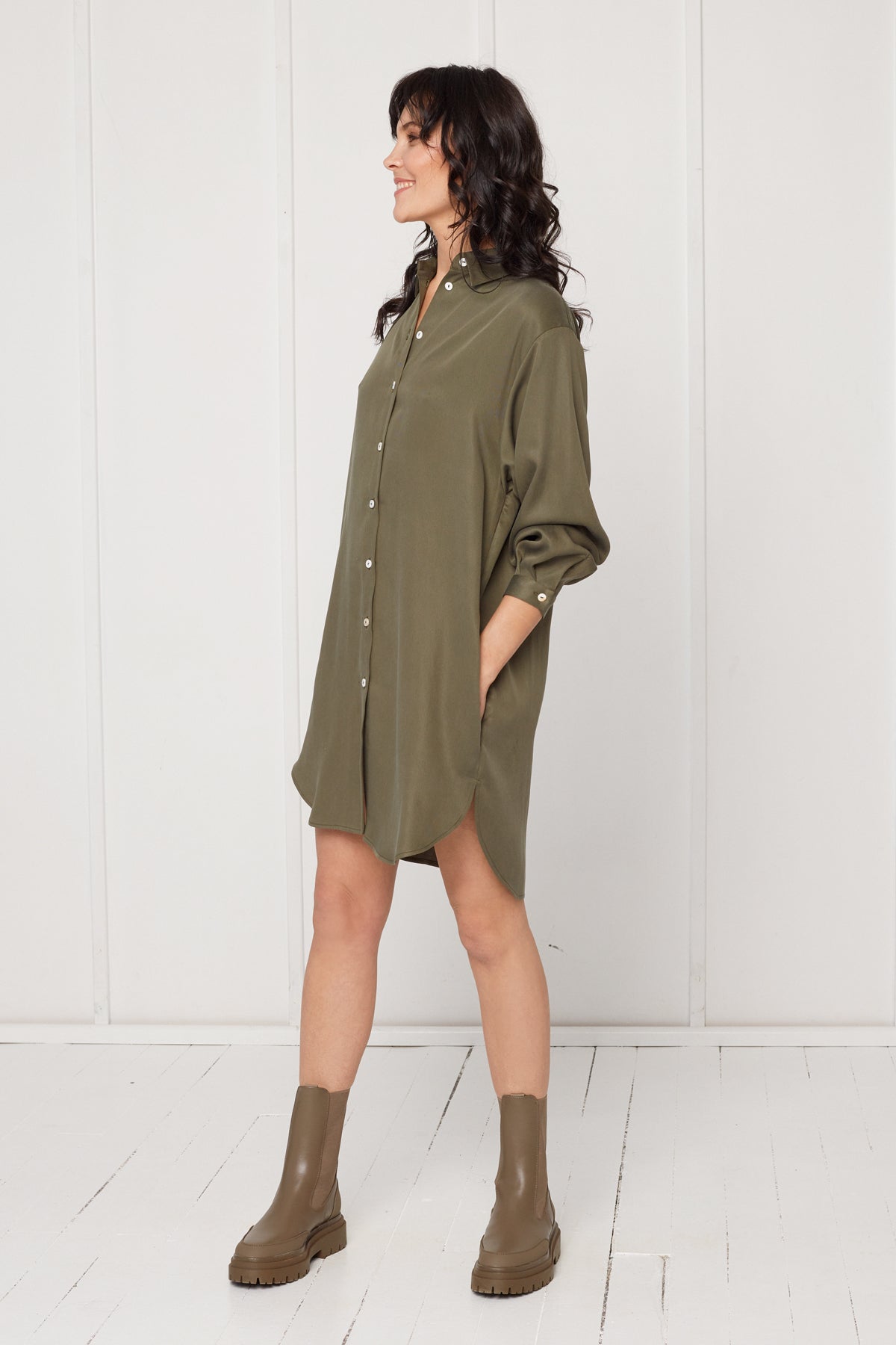 MIRA mini tencel shirt dress in military green