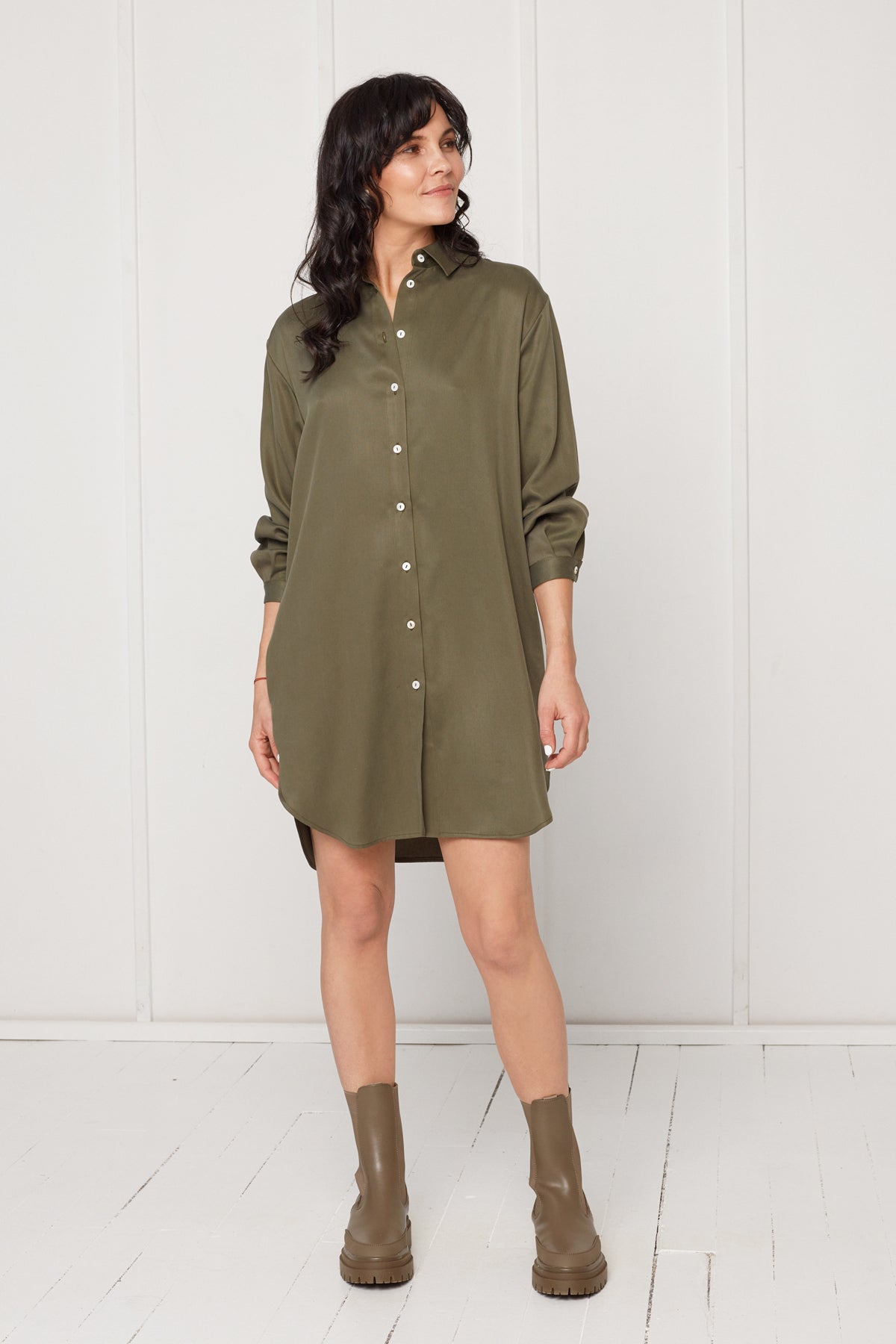 MIRA mini tencel shirt dress in military green