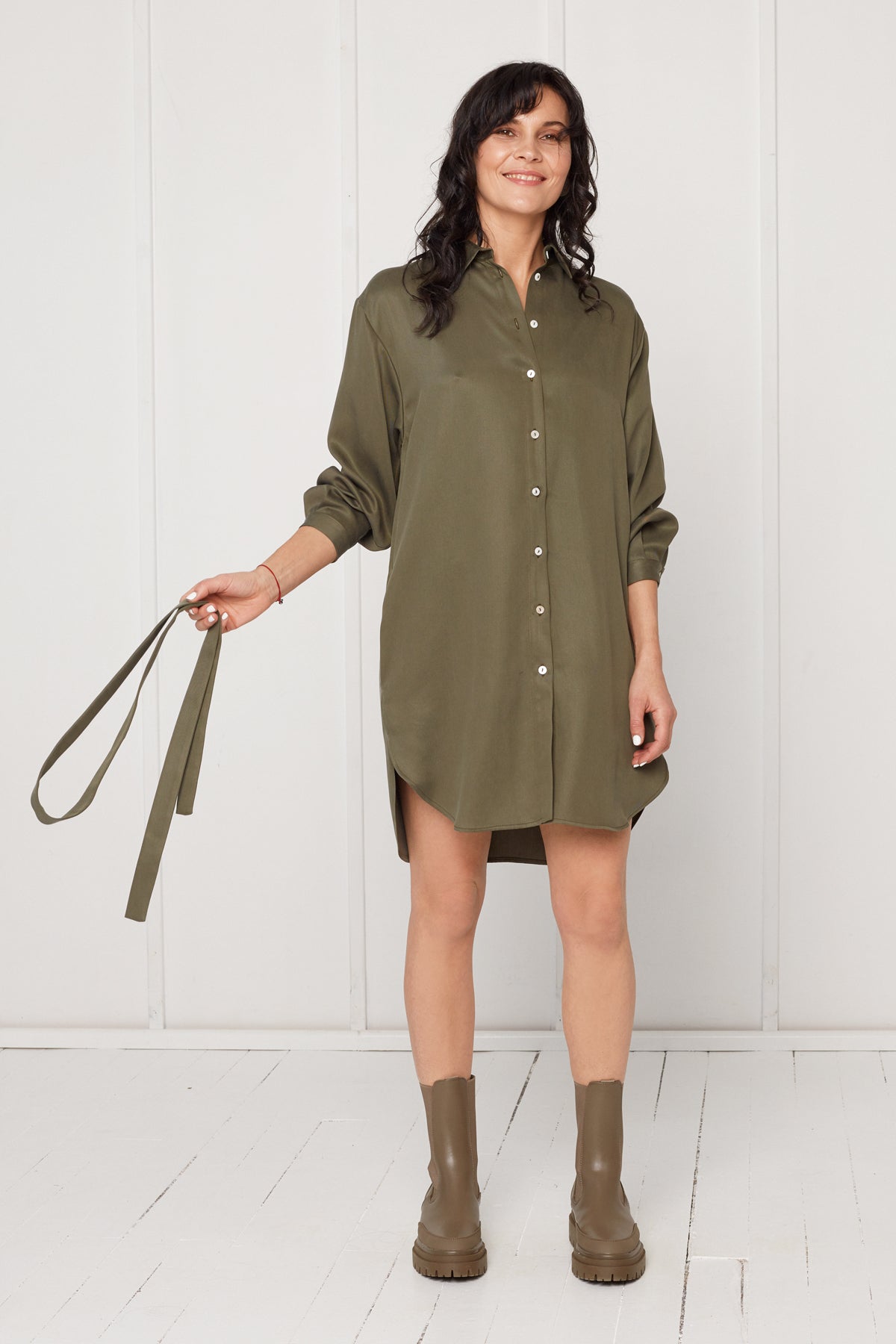 MIRA mini tencel shirt dress in military green