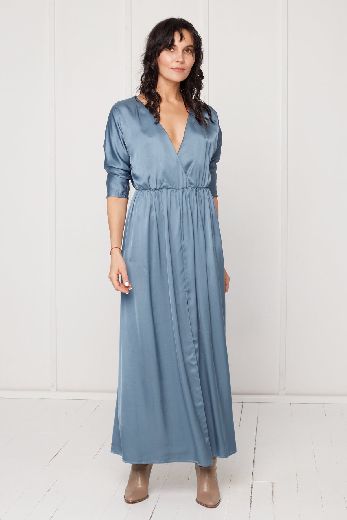 CECILIA oversized kimono sleeve maxi dress in stone blue