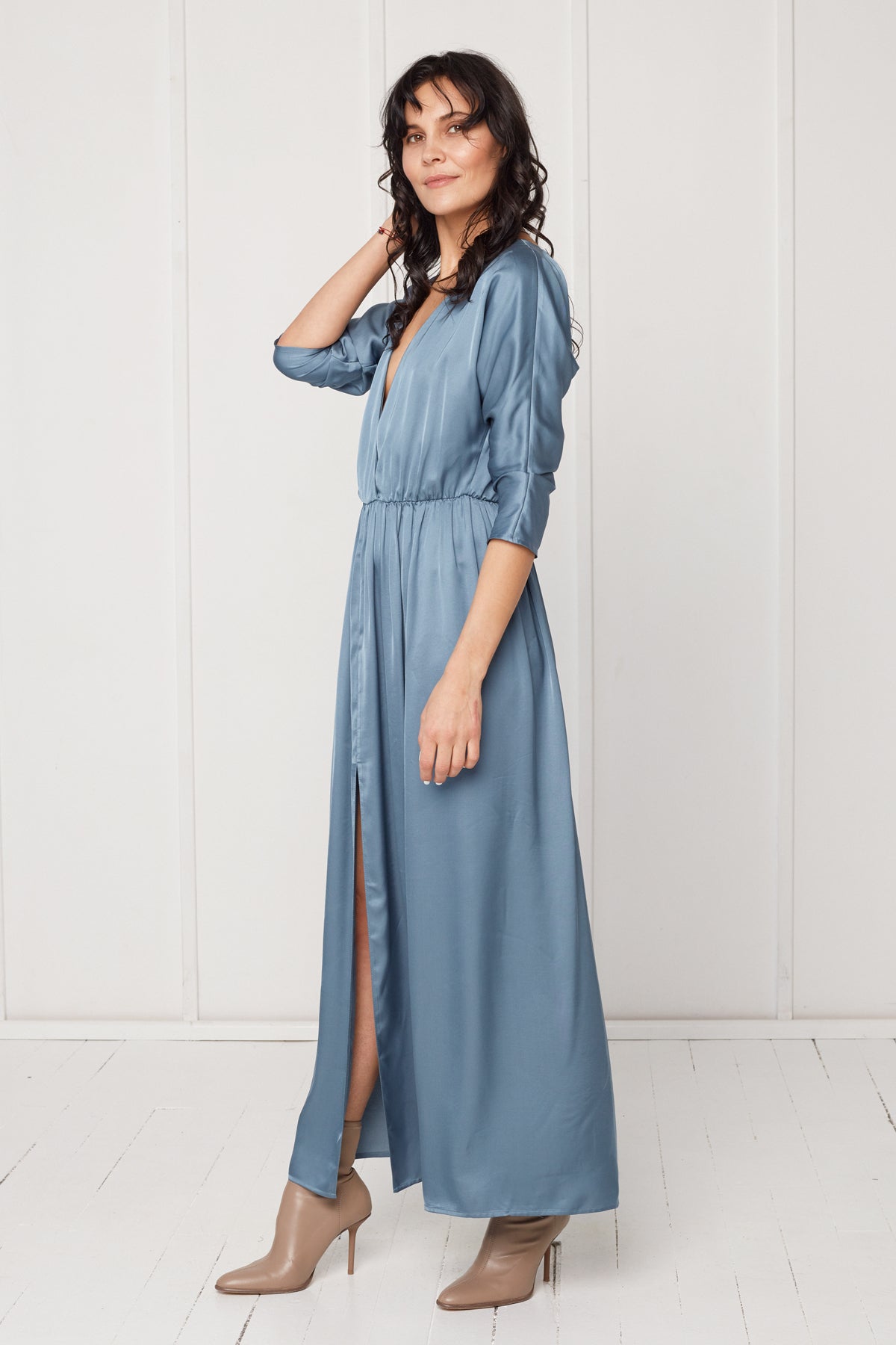 CECILIA oversized kimono sleeve maxi dress in stone blue