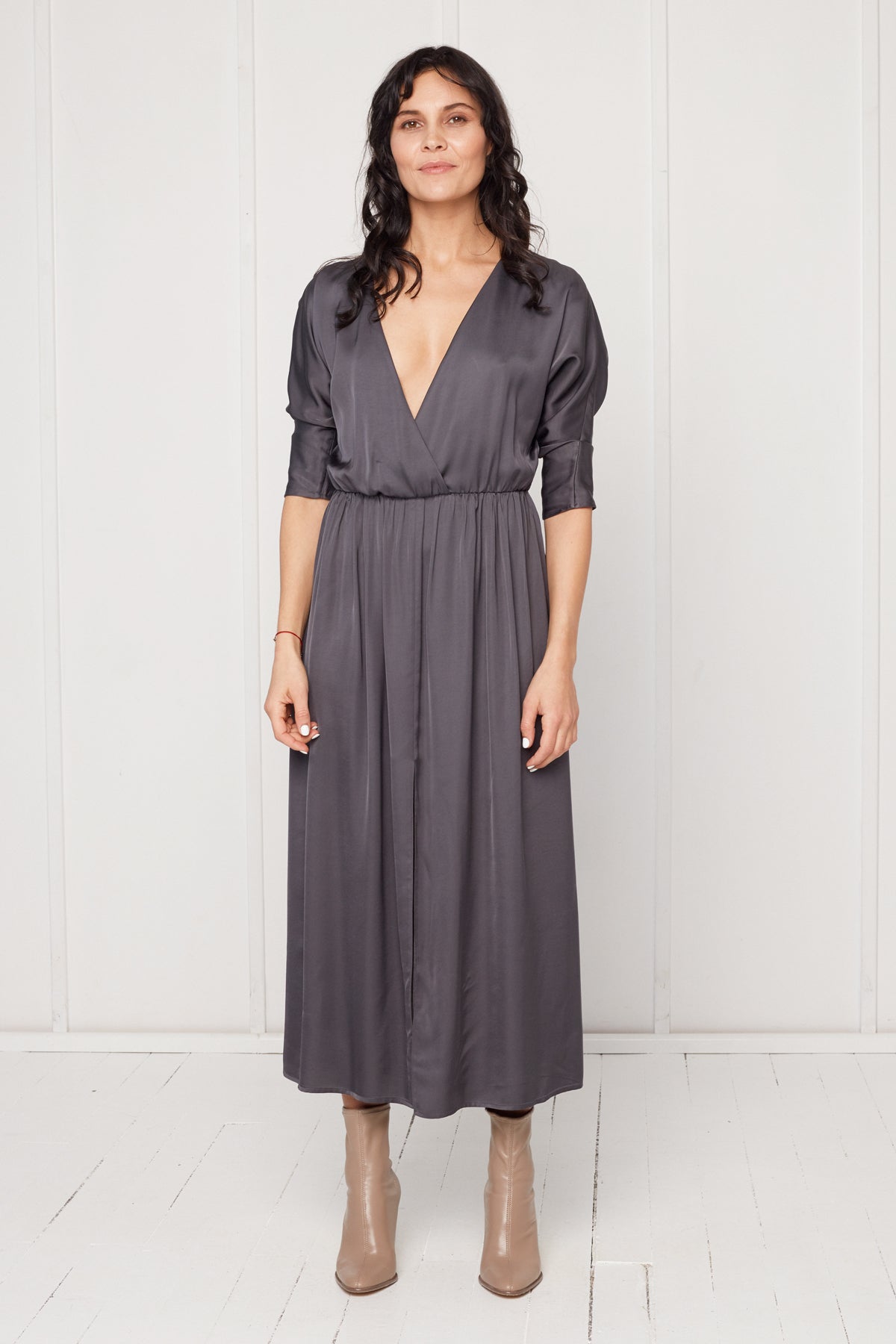CIARA oversized kimono sleeve midi dress in dark grey