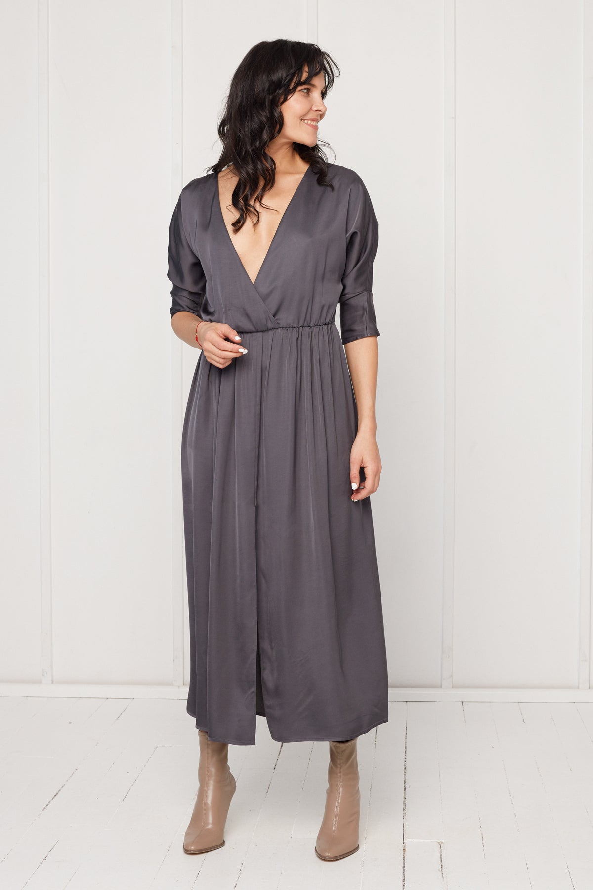 CIARA oversized kimono sleeve midi dress in dark grey