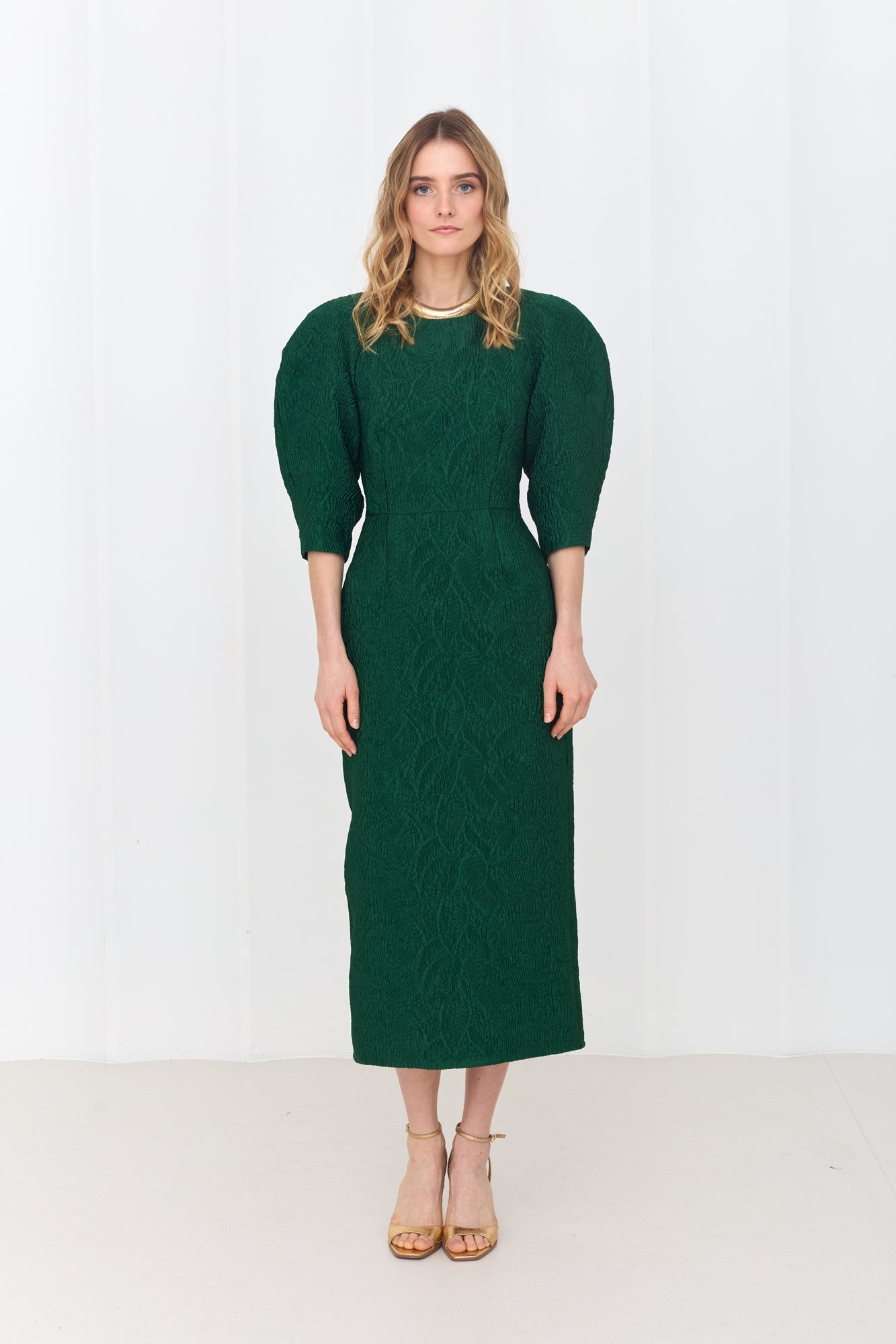NOLA Deep Emerald Green Jacquard Midi Dress with Puffed Sleeves