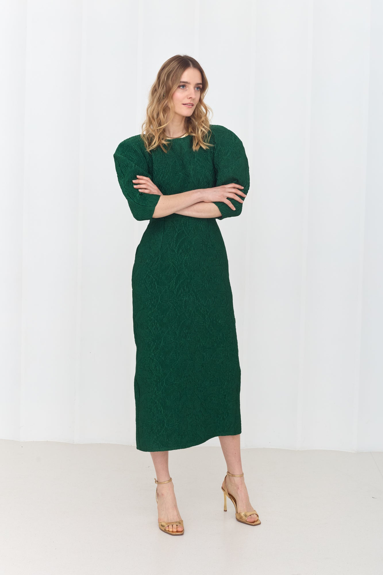 NOLA Deep Emerald Green Jacquard Midi Dress with Puffed Sleeves