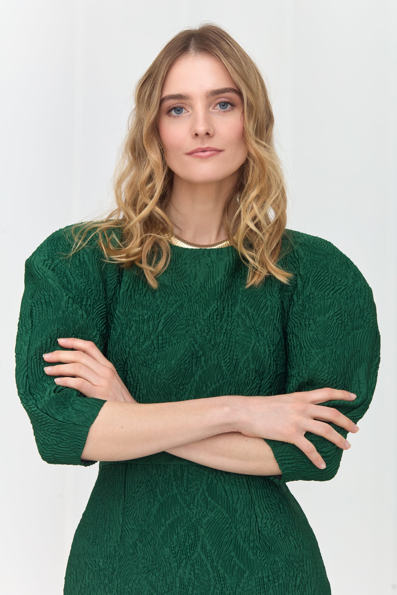 NOLA Deep Emerald Green Jacquard Midi Dress with Puffed Sleeves