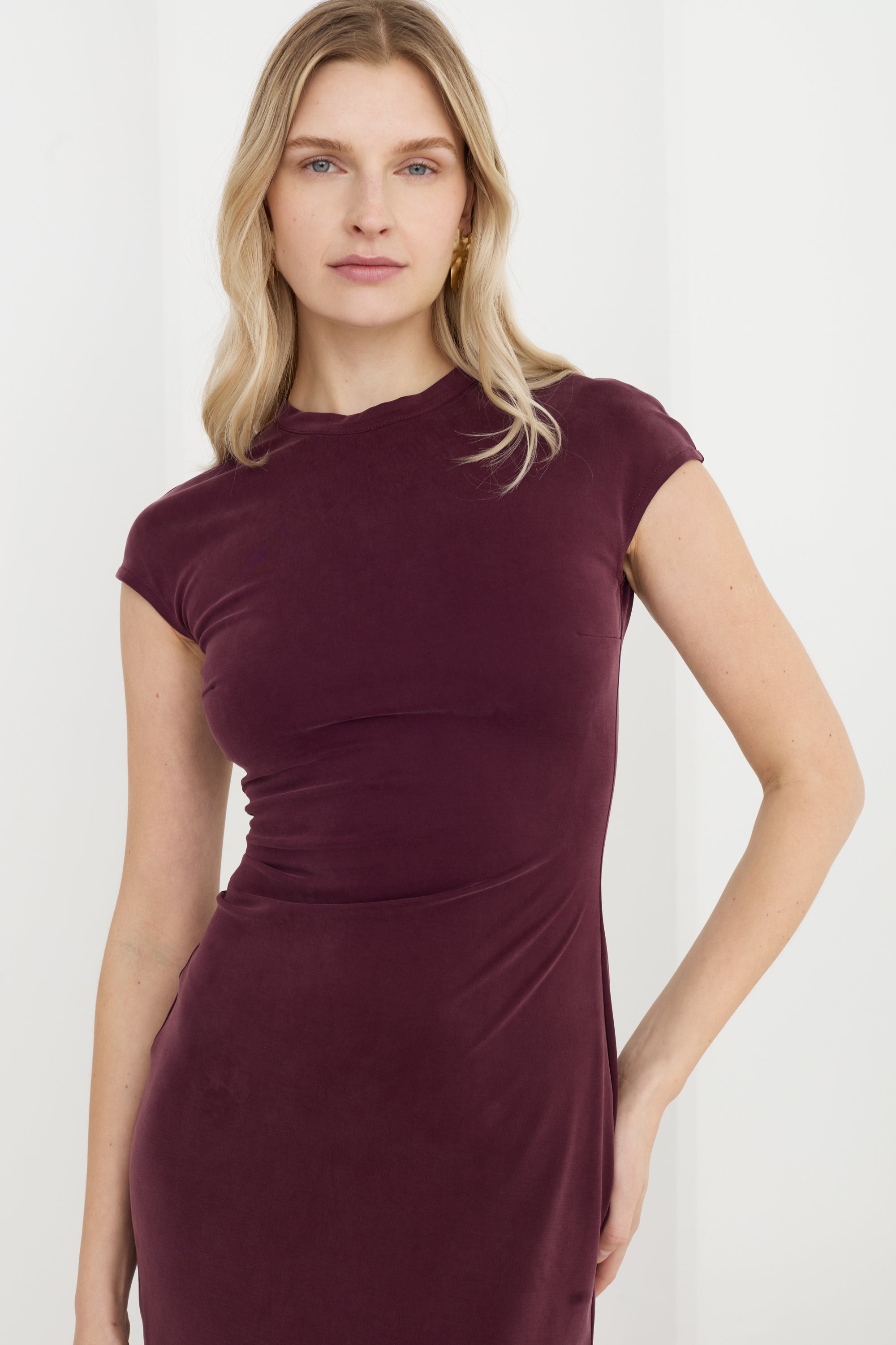 ASTER Dark Purple Jersey Midi Dress with Cap Sleeves