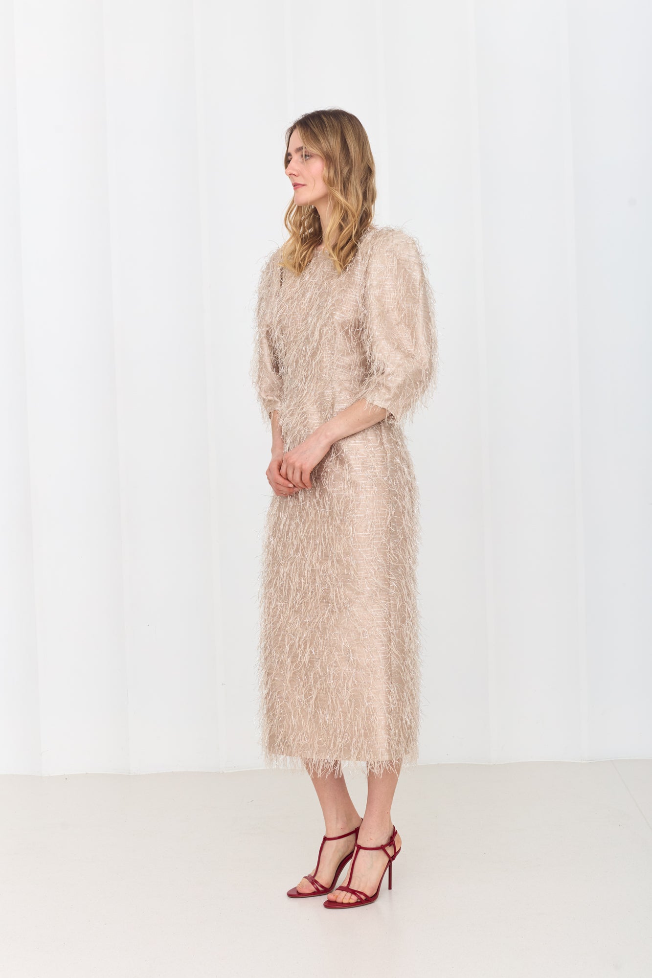 NOLA Elegant Feather Midi Cocktail Dress