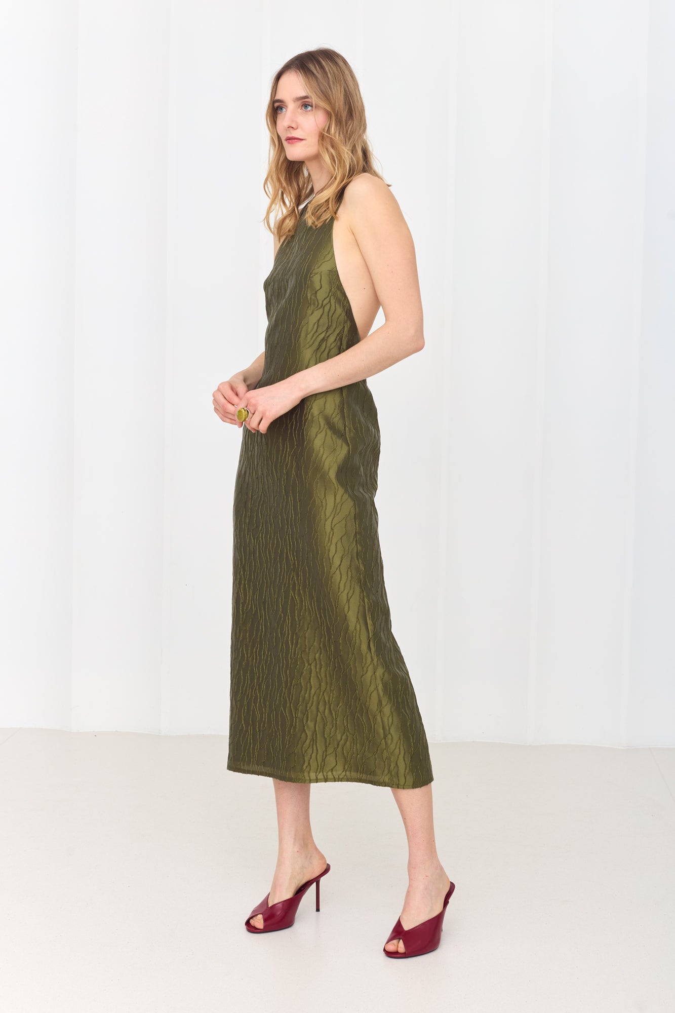 VERONICA Open Back Olive Green Midi Dress with Sparkling Crystals Back Chain