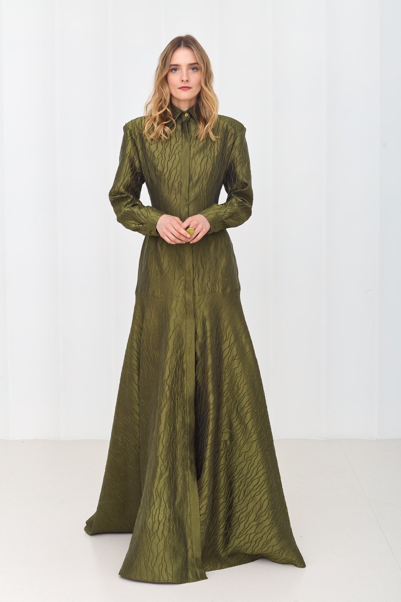 SERENA Elegant Olive Green Maxi Dress with Flared Skirt