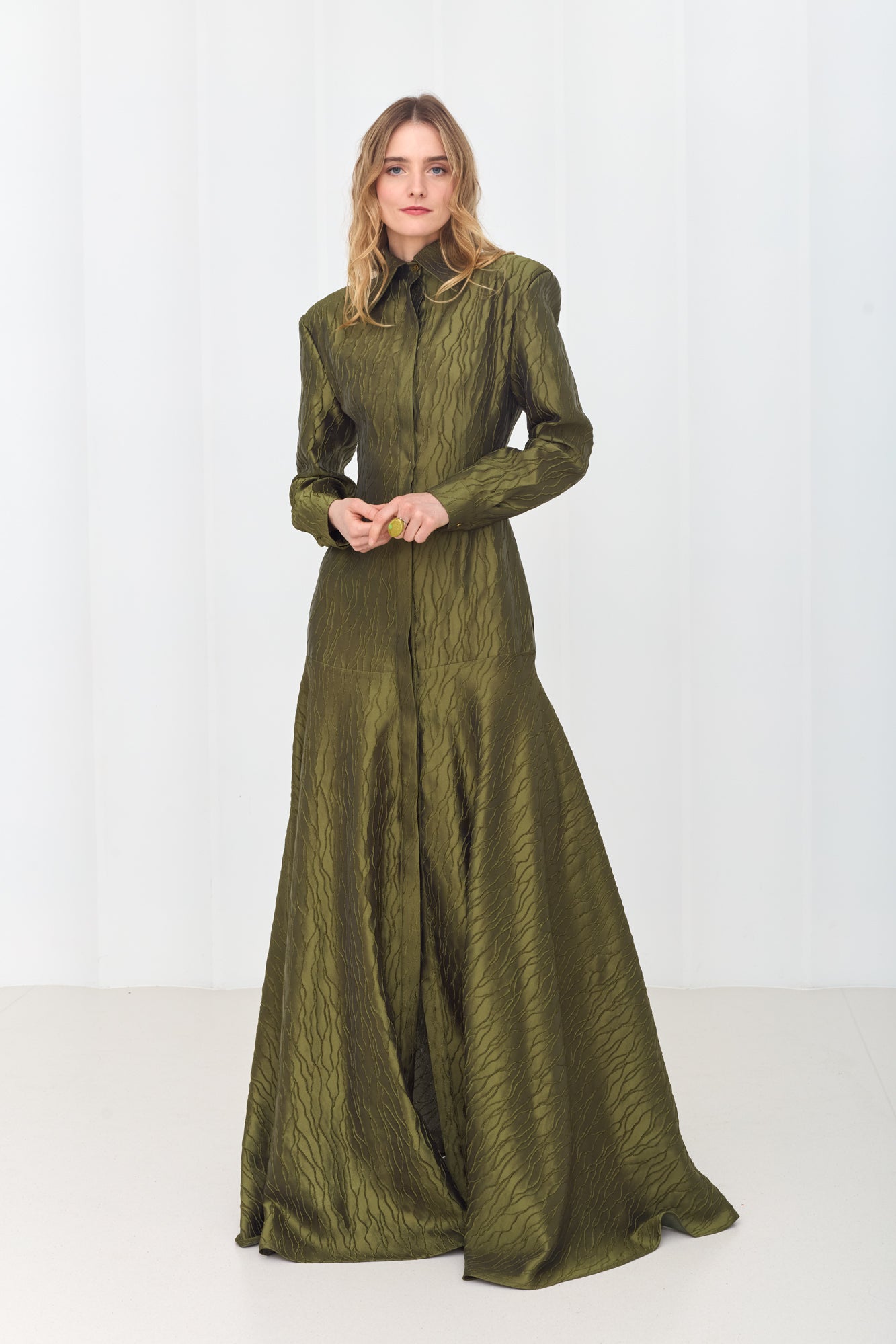 SERENA Elegant Olive Green Maxi Dress with Flared Skirt
