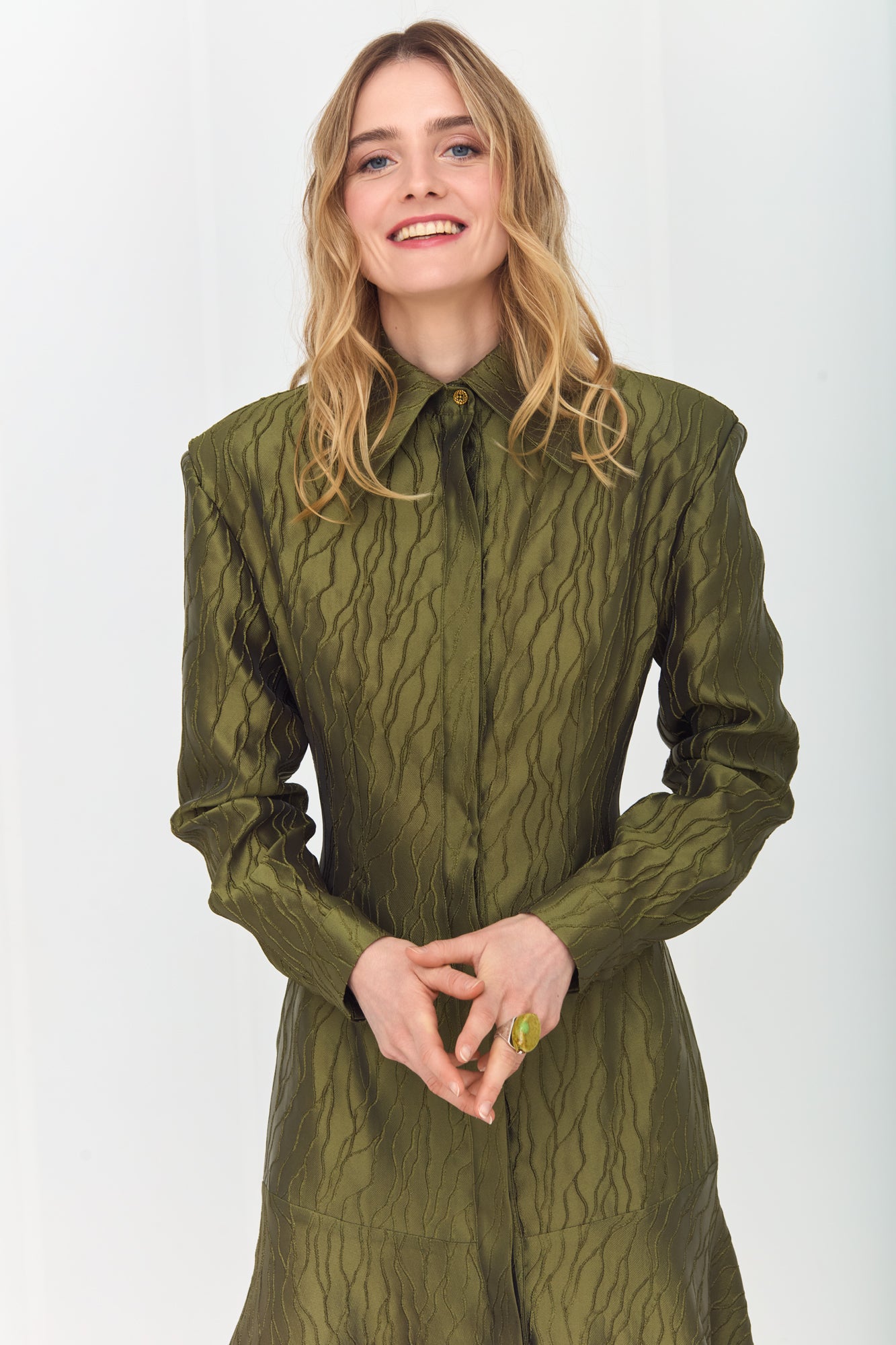 SERENA Elegant Olive Green Maxi Dress with Flared Skirt