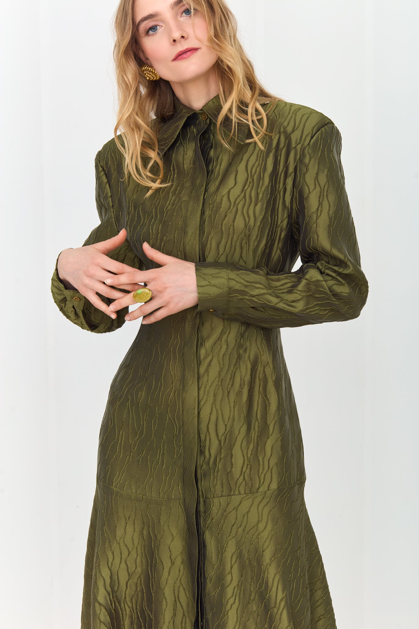 SERENA Elegant Olive Green Maxi Dress with Flared Skirt