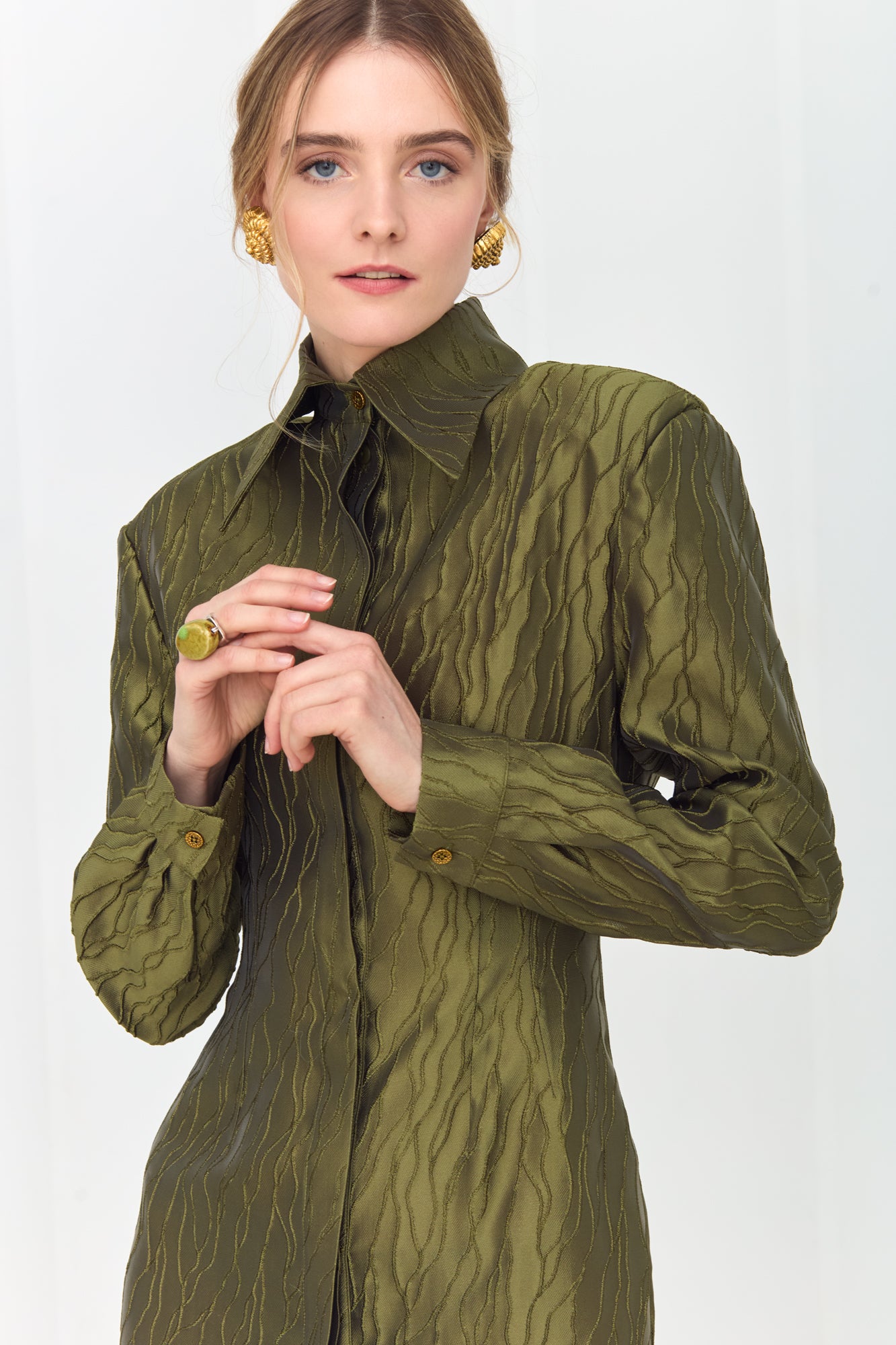 SERENA Elegant Olive Green Maxi Dress with Flared Skirt