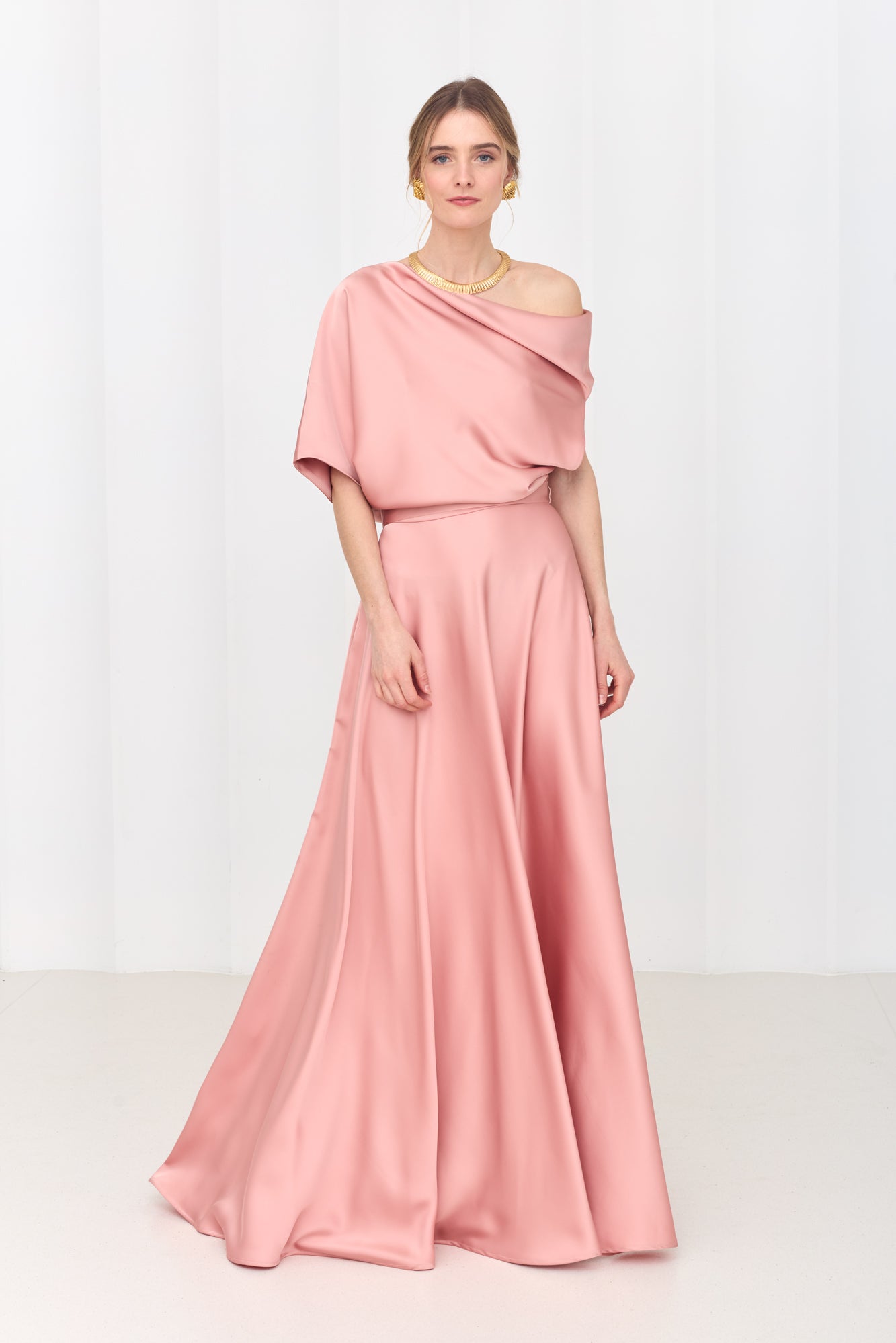 HELEN Dusty Pink Maxi Dress with Asymmetric Sleeves