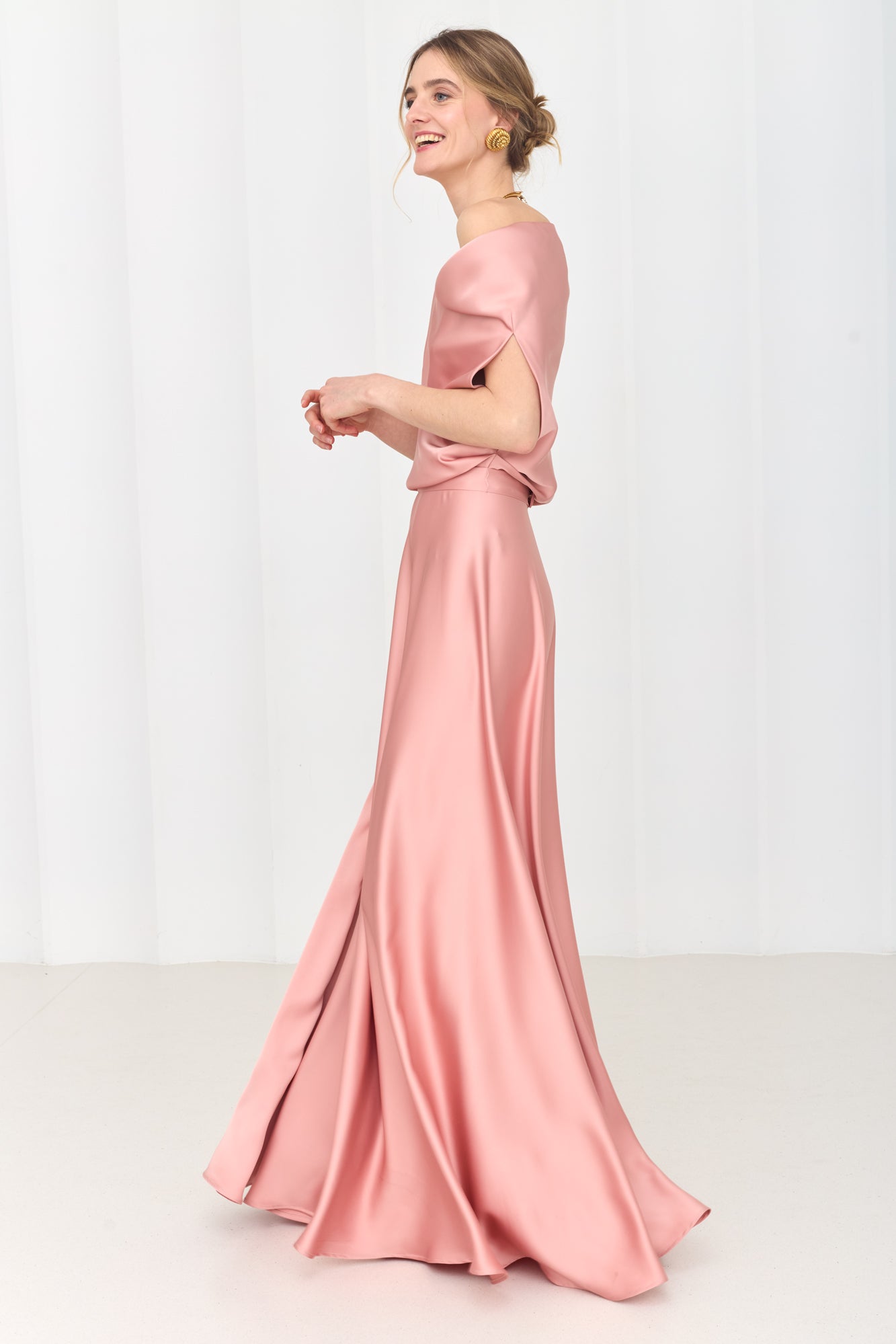 HELEN Dusty Pink Maxi Dress with Asymmetric Sleeves
