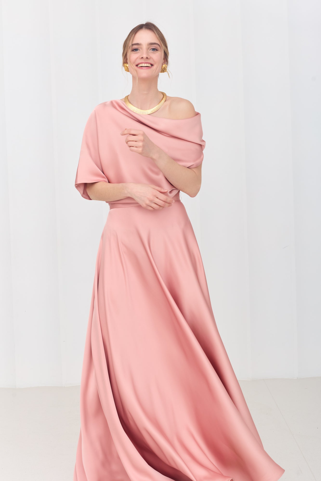 HELEN Dusty Pink Maxi Dress with Asymmetric Sleeves