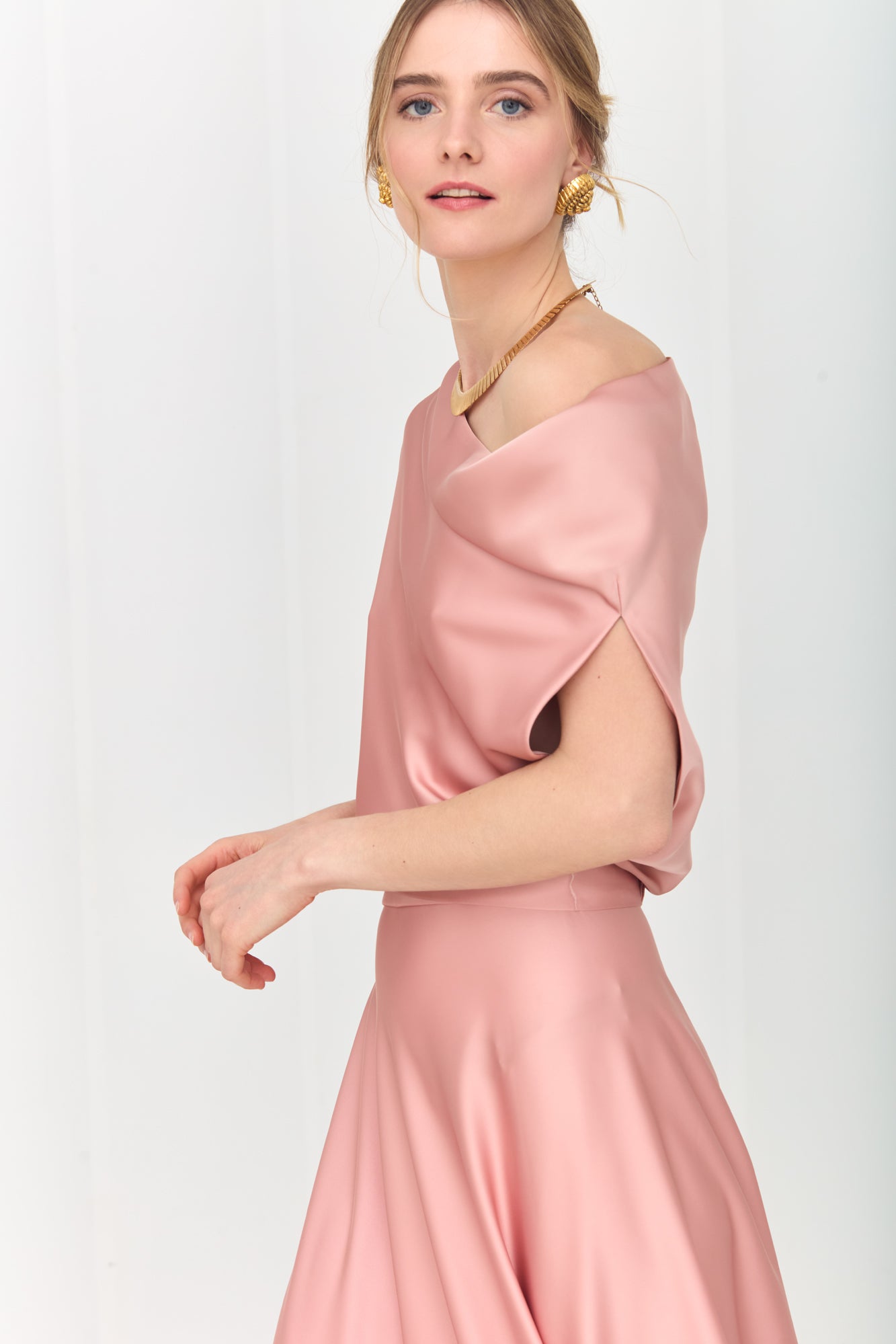 HELEN Dusty Pink Maxi Dress with Asymmetric Sleeves