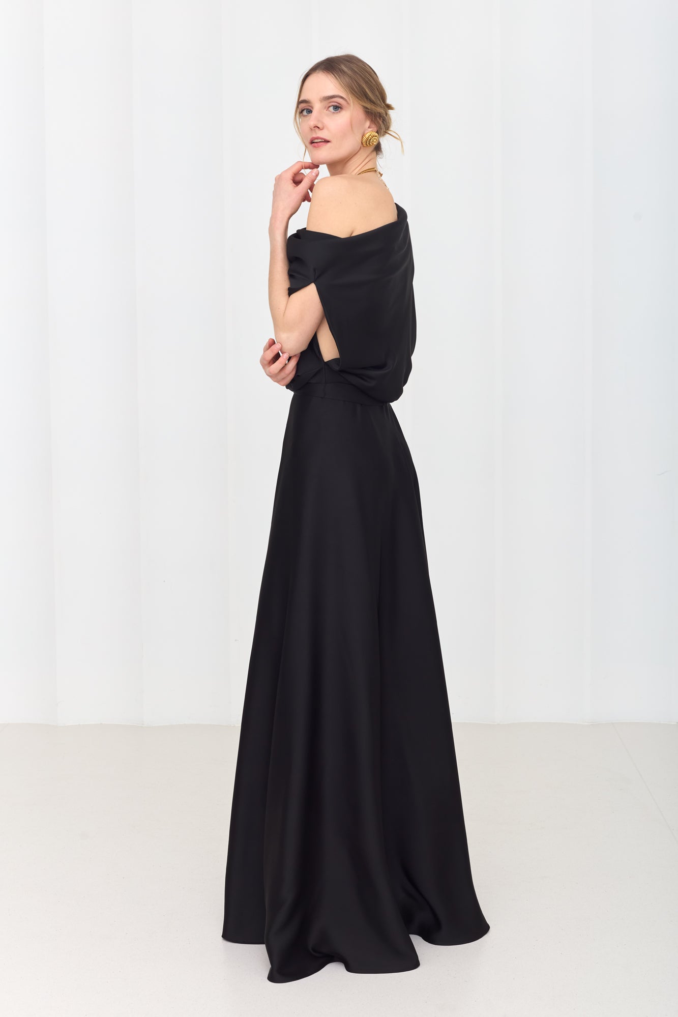 HELEN Black Maxi Dress with Asymmetric Sleeves