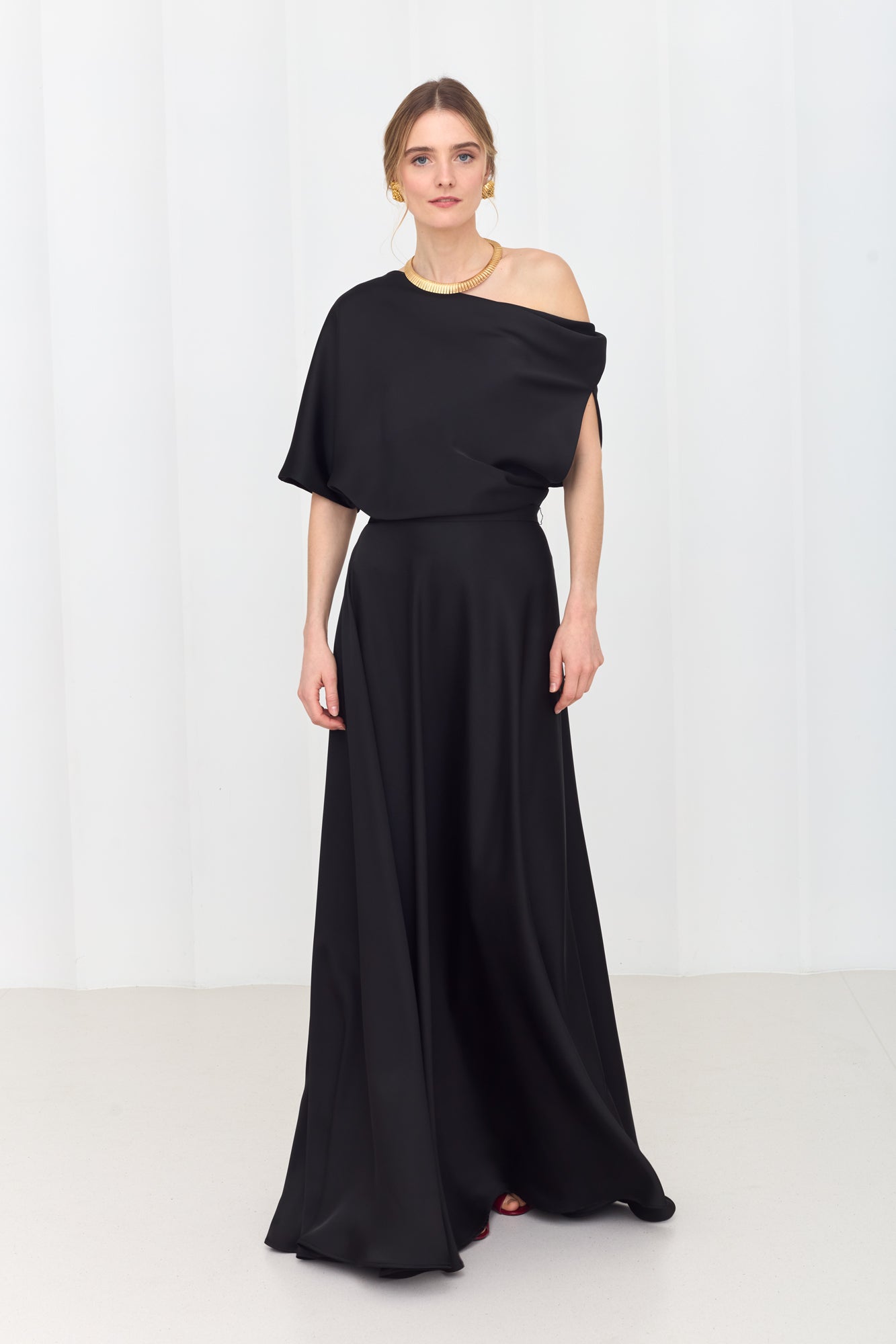 HELEN Black Maxi Dress with Asymmetric Sleeves