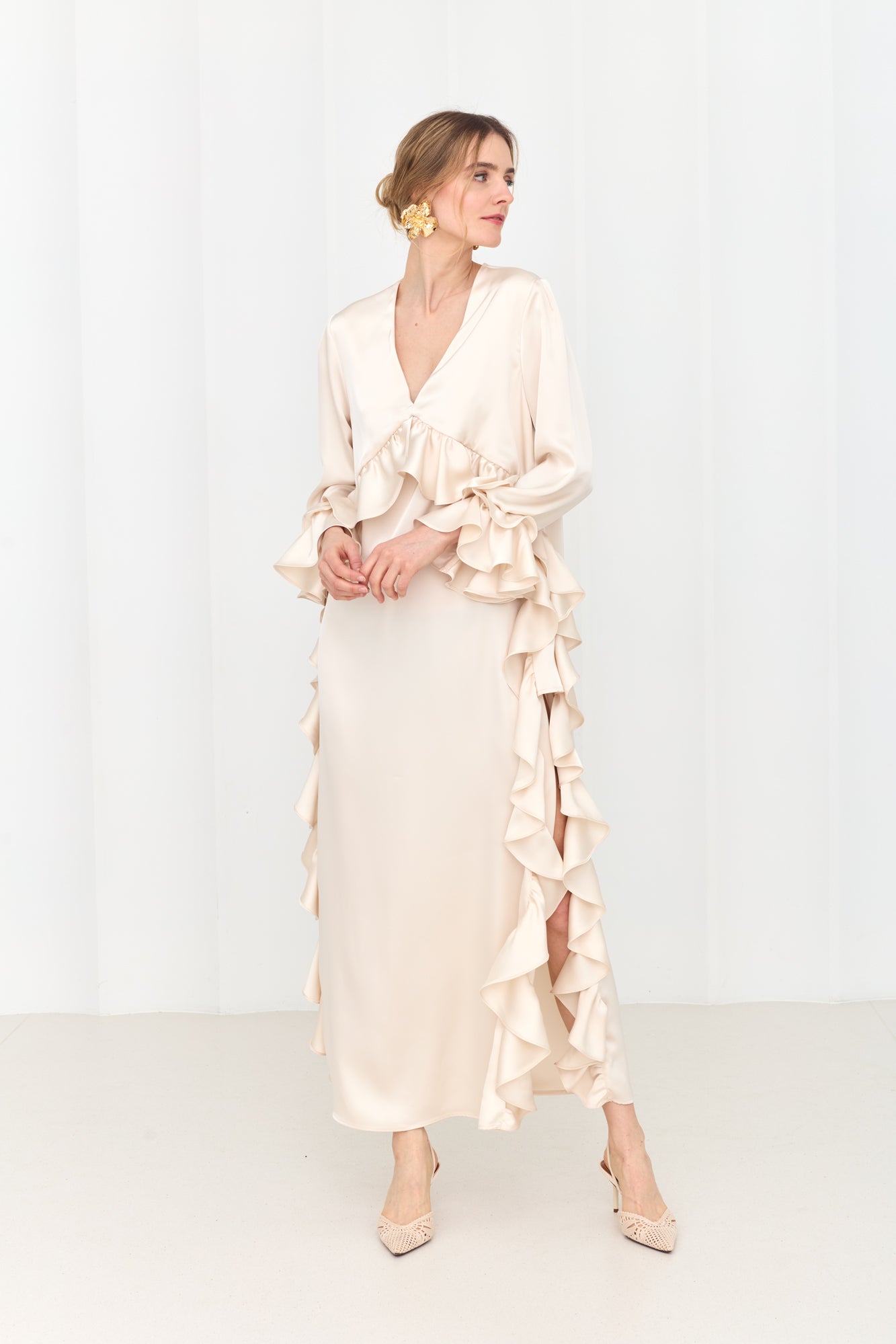 MARIS Pastel Maxi Ruffle Boho Chic Dress With Side Slits