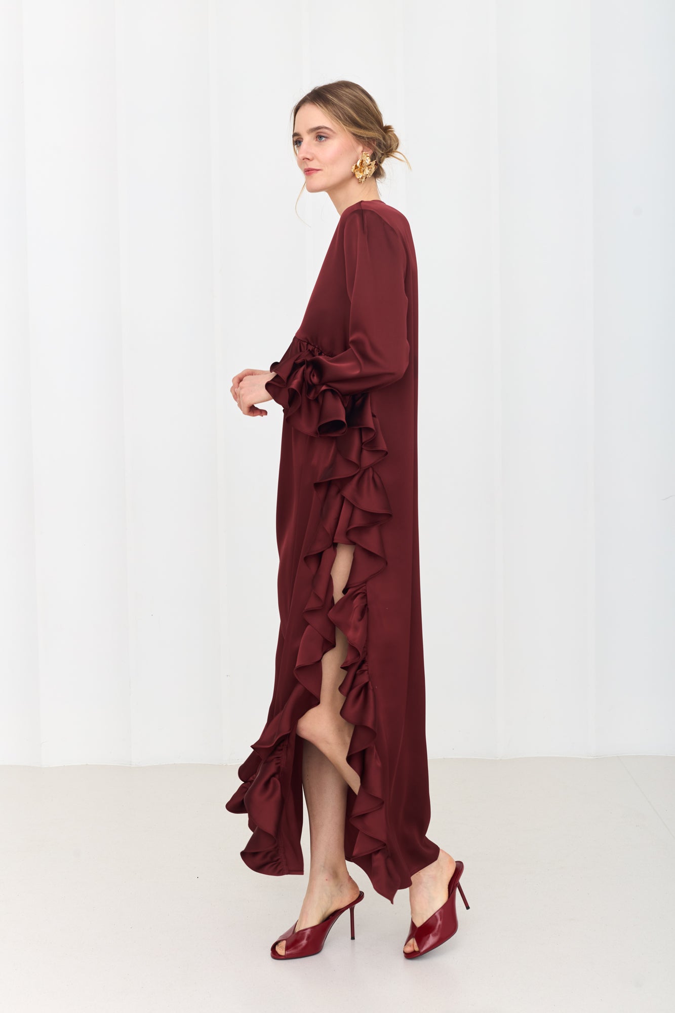 MARIS Deep Red Maxi Ruffle Boho Chic Dress With Side Slits