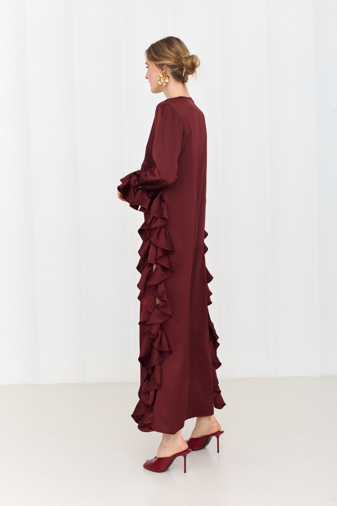 MARIS Deep Red Maxi Ruffle Boho Chic Dress With Side Slits
