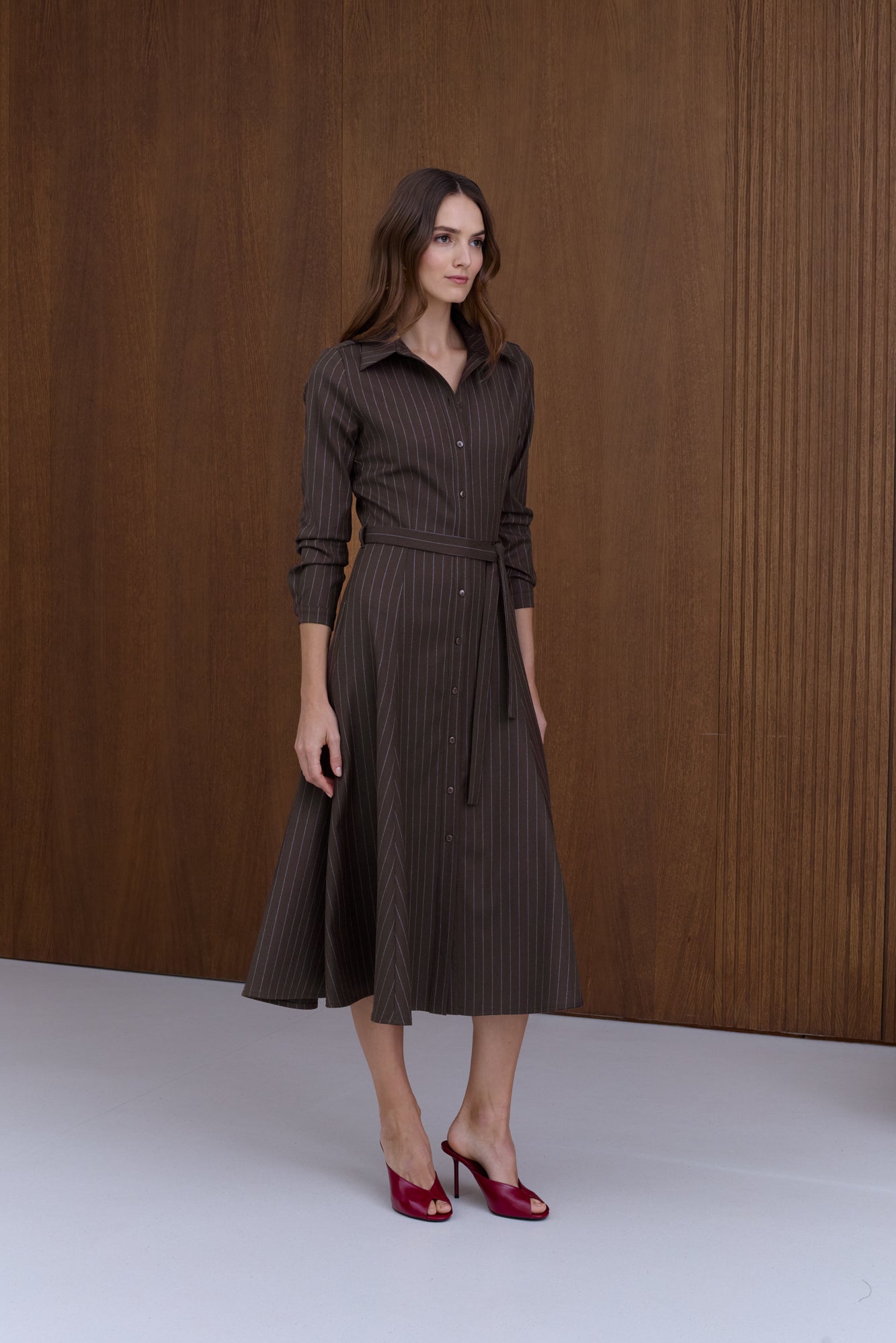 ANOUK Brown Striped Godet Shirt Dress