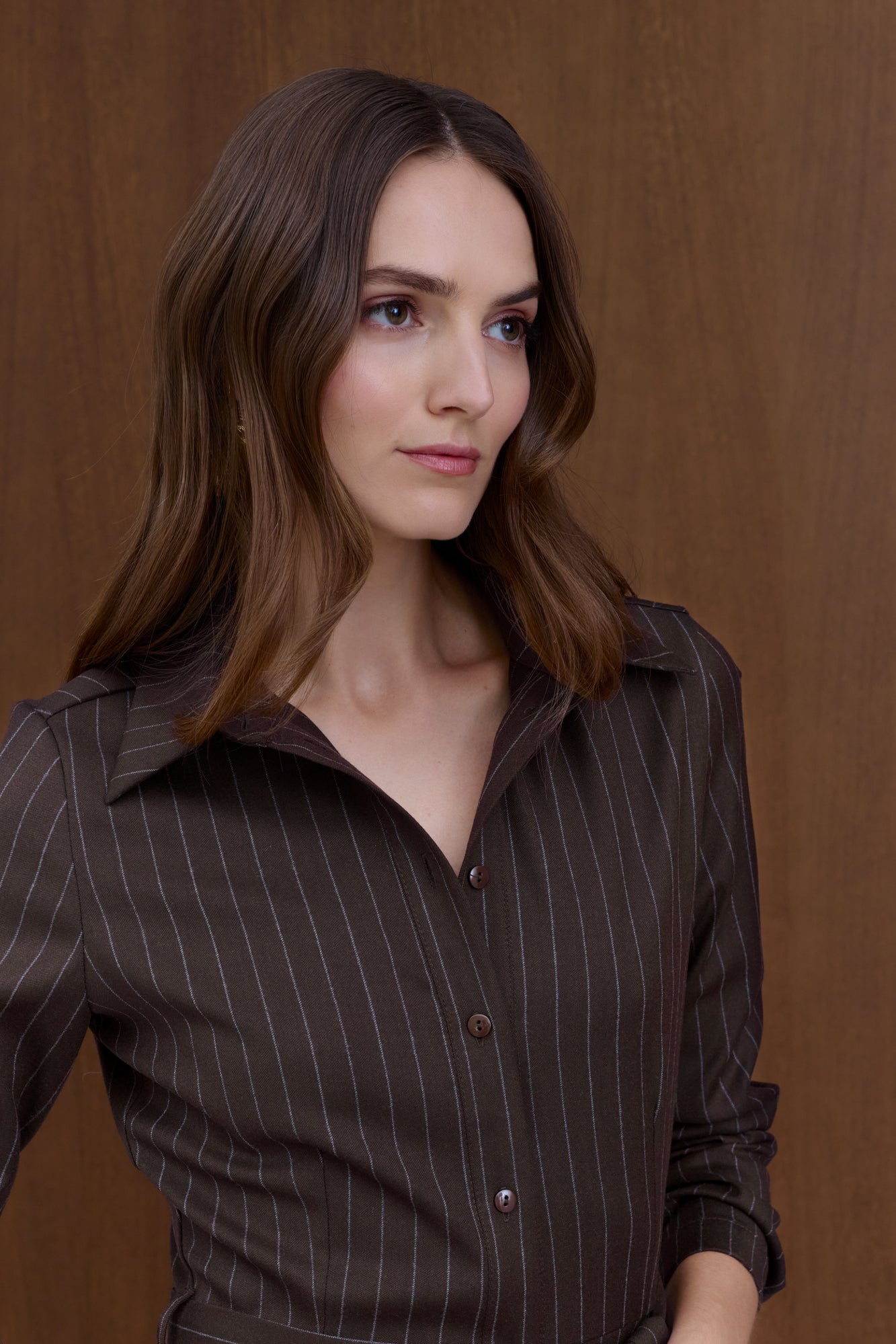 ANOUK Brown Striped Godet Shirt Dress