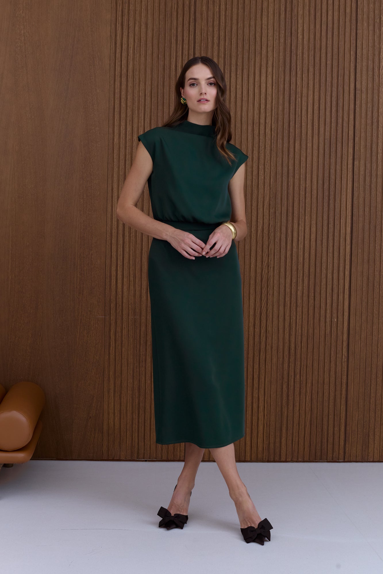TESSA deep green short kimono sleeves midi dress