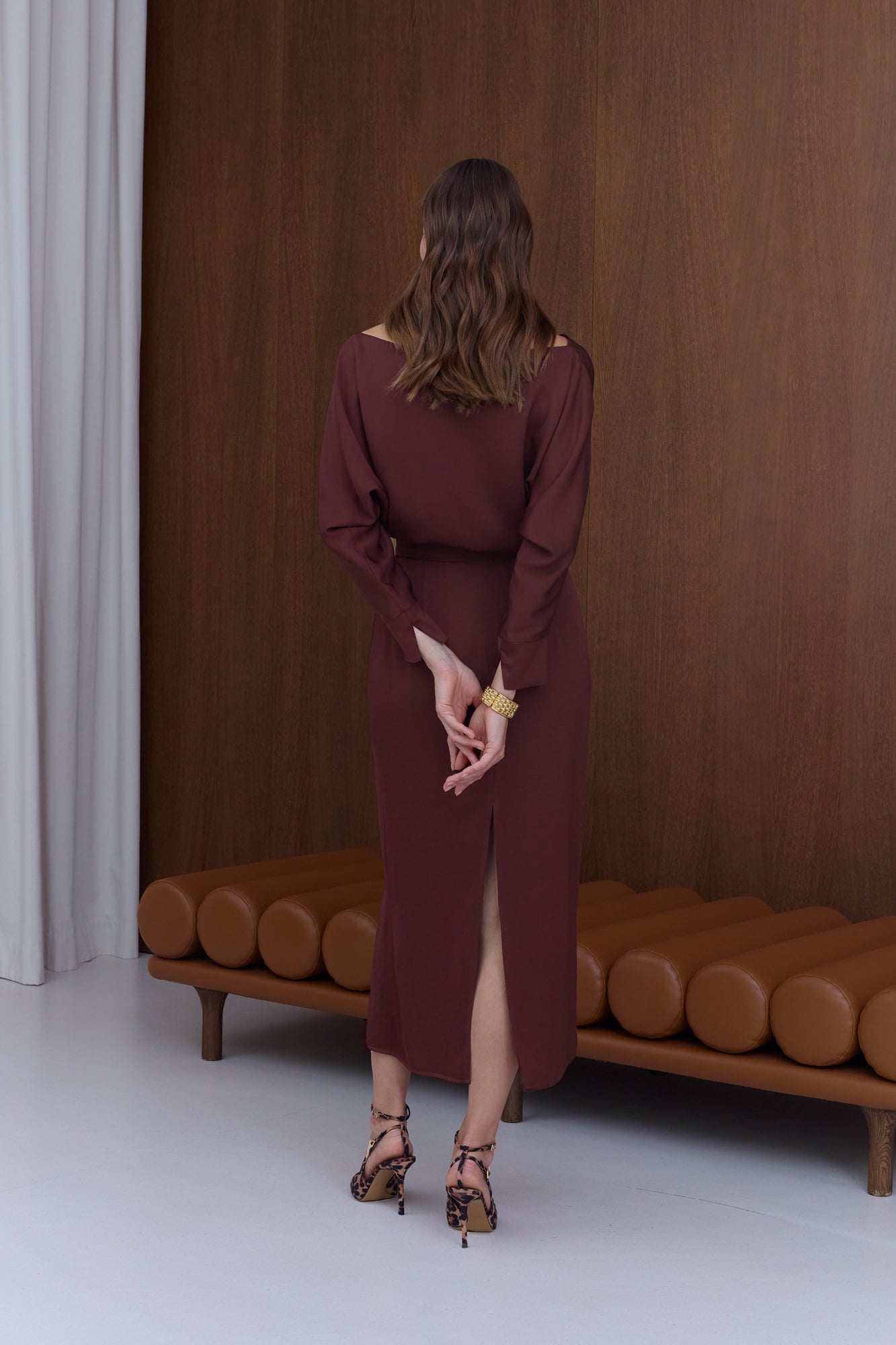 AGALIA Wine-Red Off-the-Shoulder Midi Dress