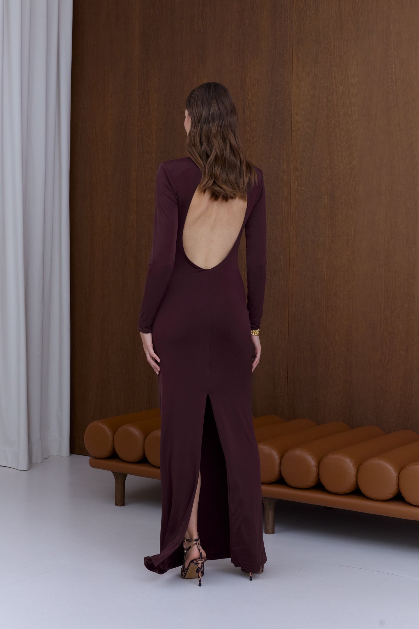 CINTIA Burgundy Open-Back Maxi Dress