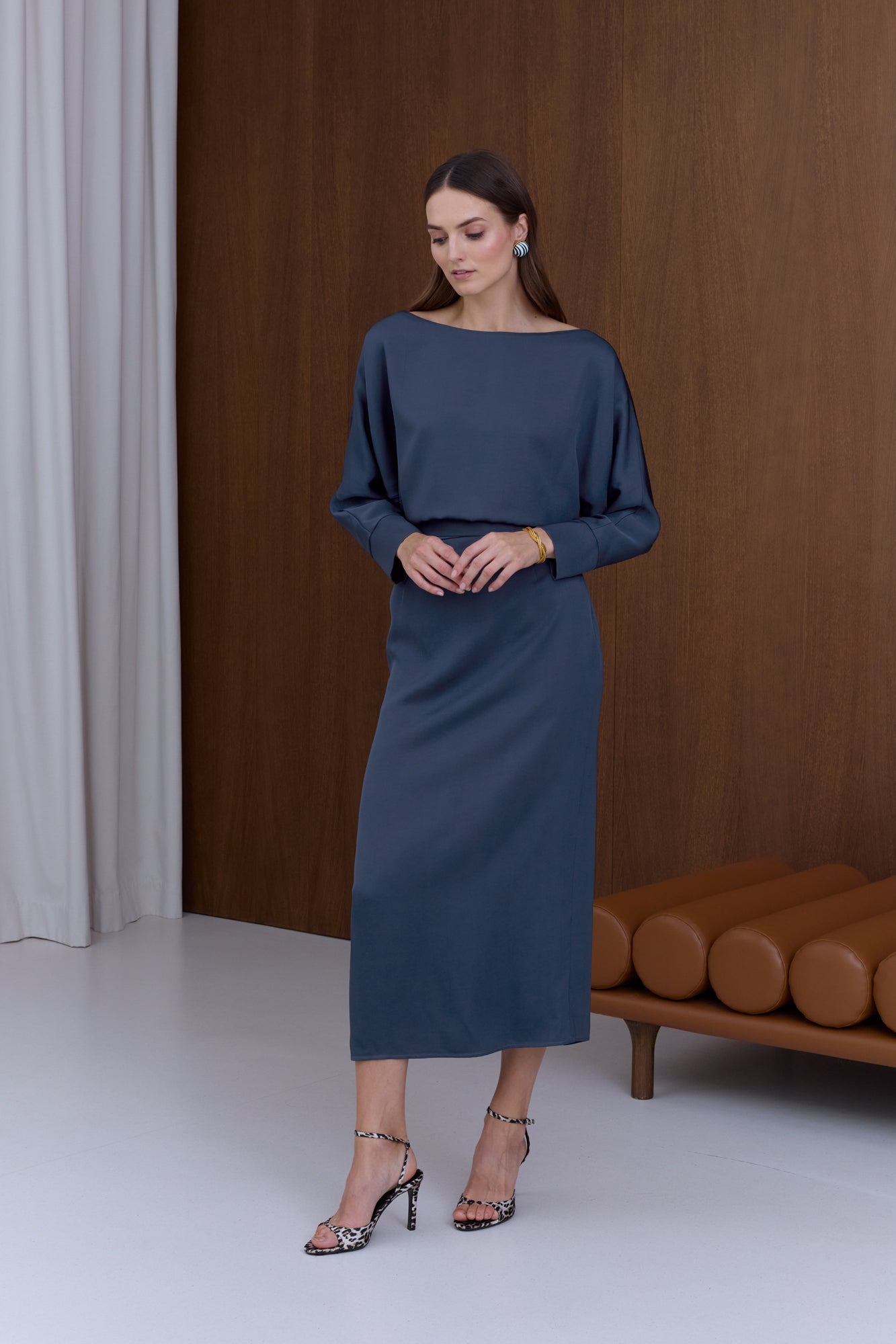 AGALIA Royal Blue Off-the-Shoulder Midi Dress